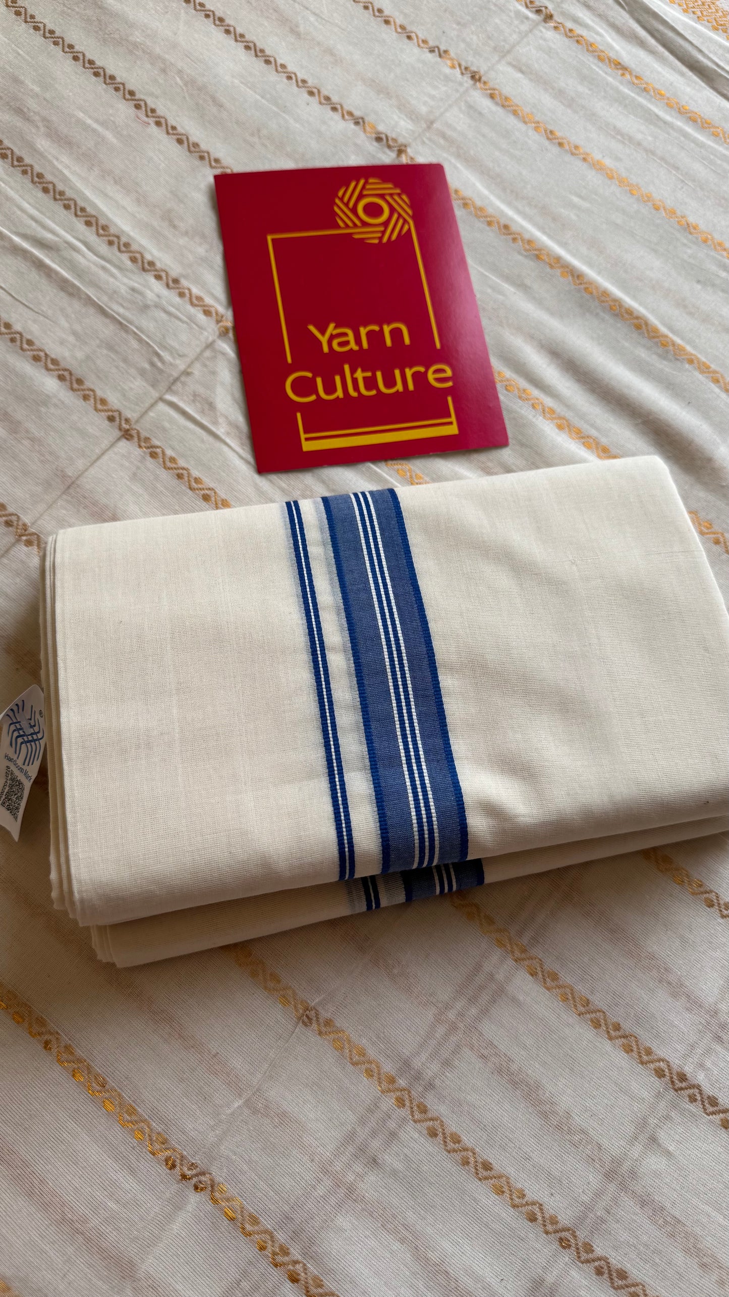 Ivory Chendamangalam Handloom Double Mundu with Blue Kara | Soft Cotton Men's Dhoti - YCMSEIE172