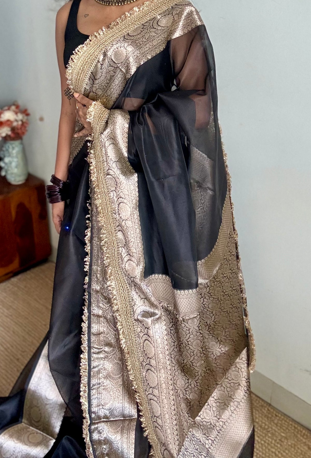 Black tissue Banarasi saree with embellished gold lace border - YCBLTOC81