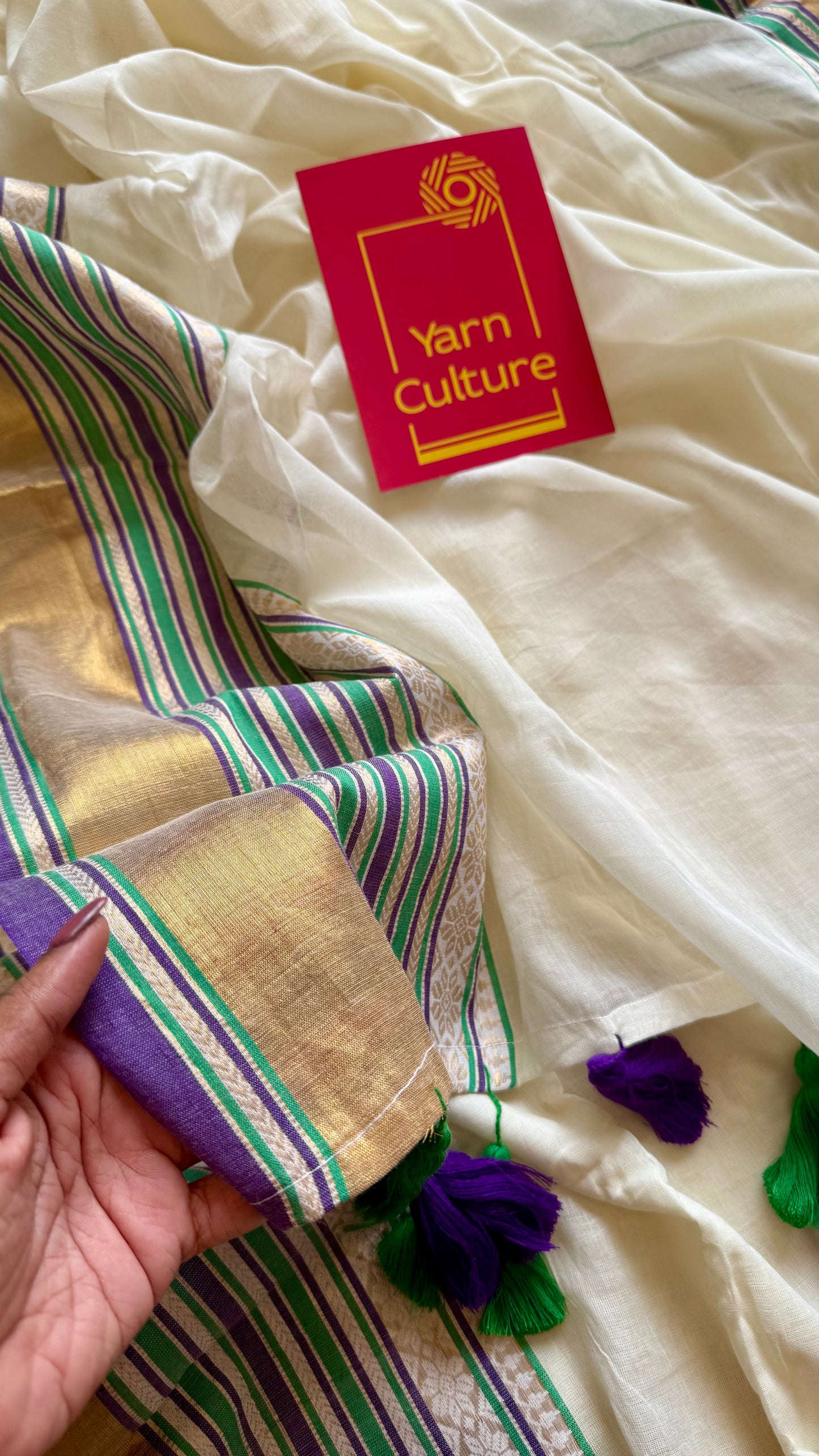 Ivory mul saree, purple, green and gold kanchi border - YCIEON29