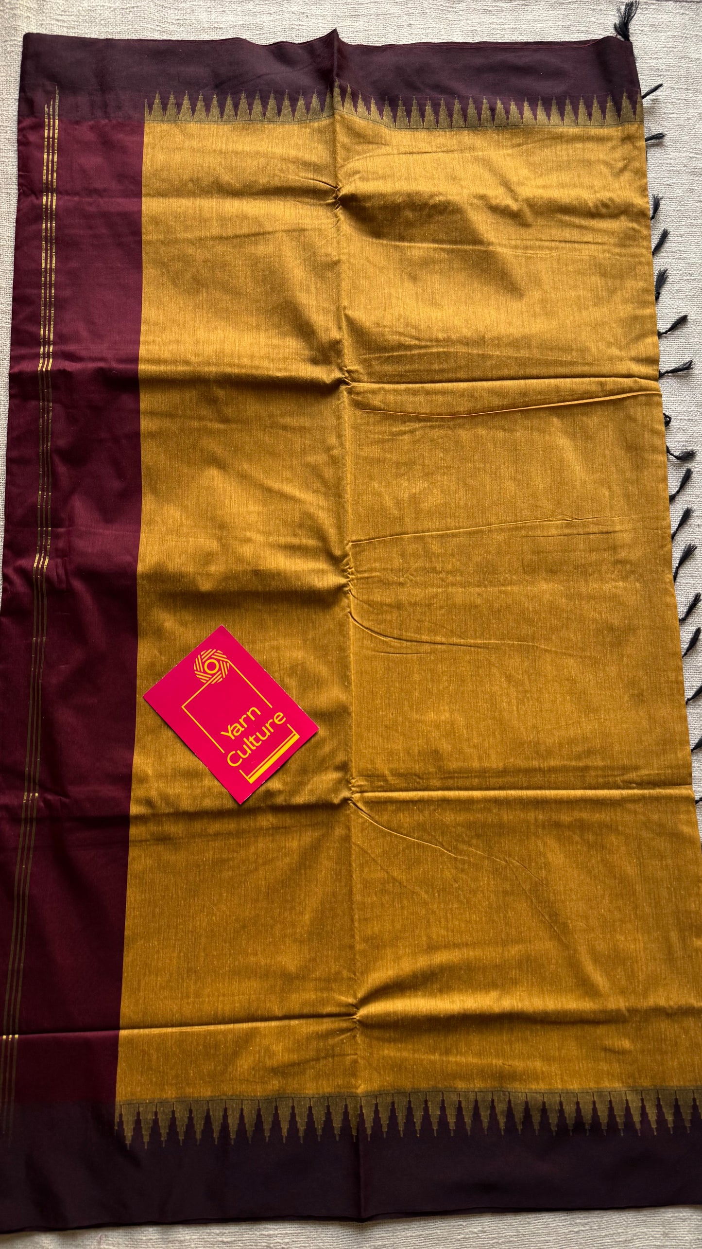 Yellow with maroon temple border, cotton silk - YCCOTNCSDE96