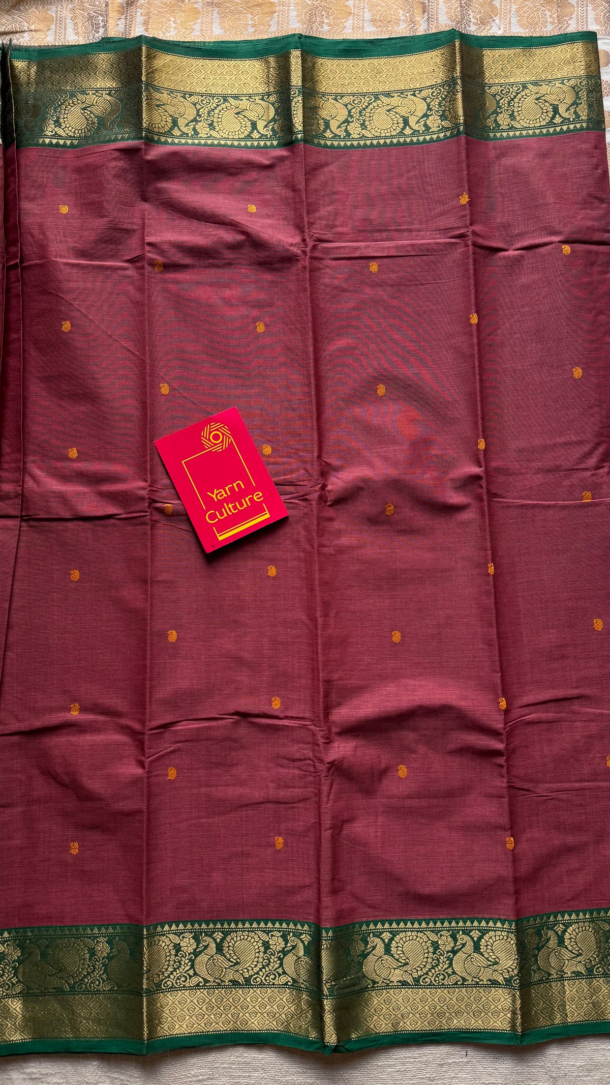 Terracotta red with green zari border kanchi cotton saree - YCCOTNCKSE18