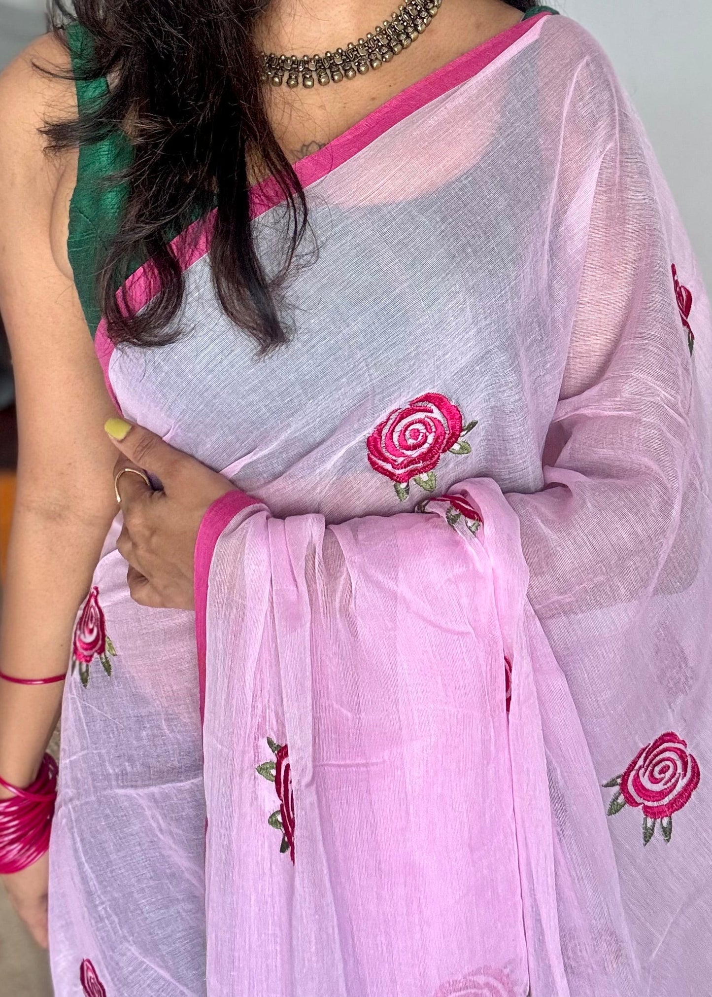 Pink mul with dark pink rose thread embroidery - YCBCMCNO73
