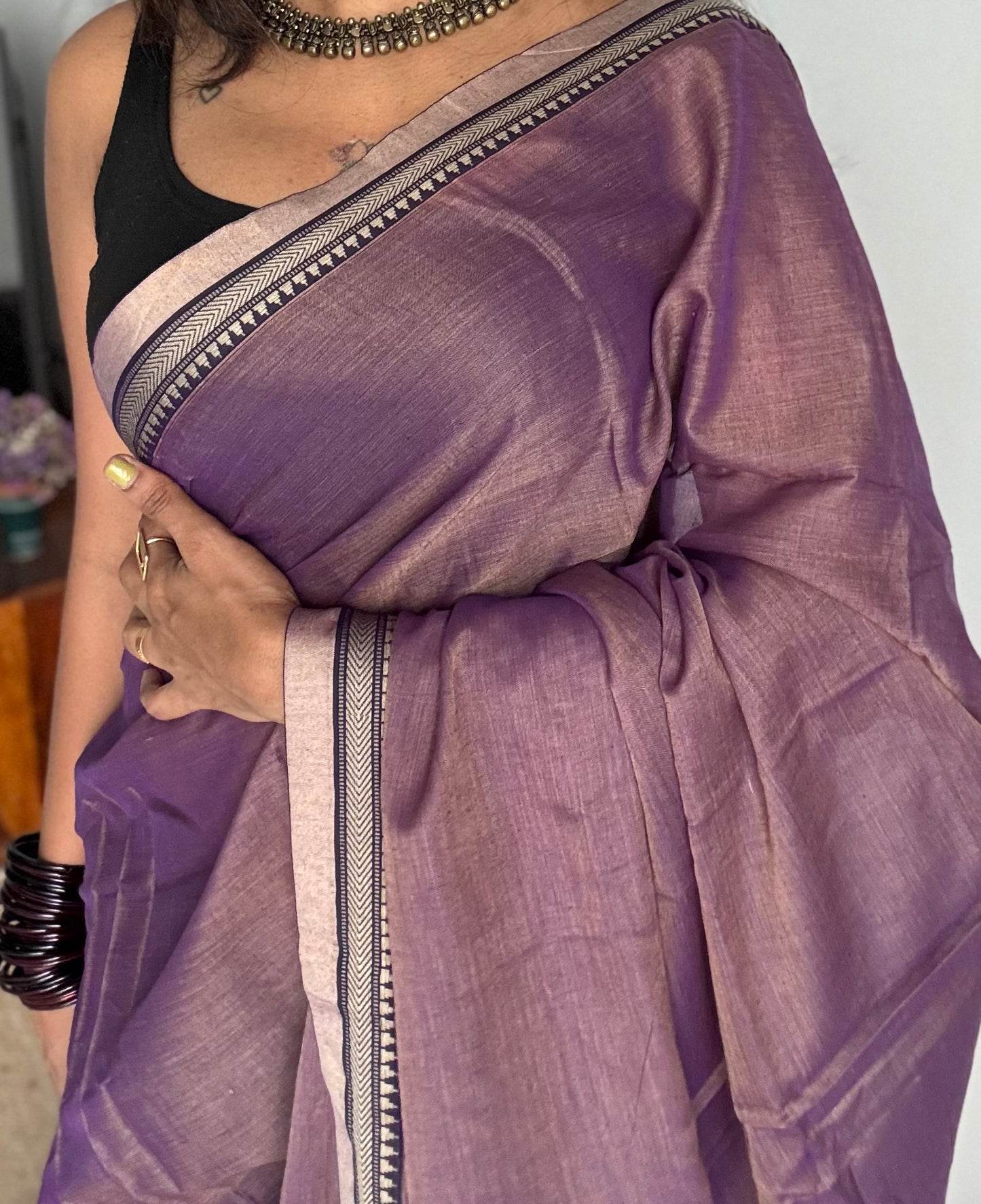 Lilac pink border narayanpet saree, soft cotton - YCWOTDNPFE36