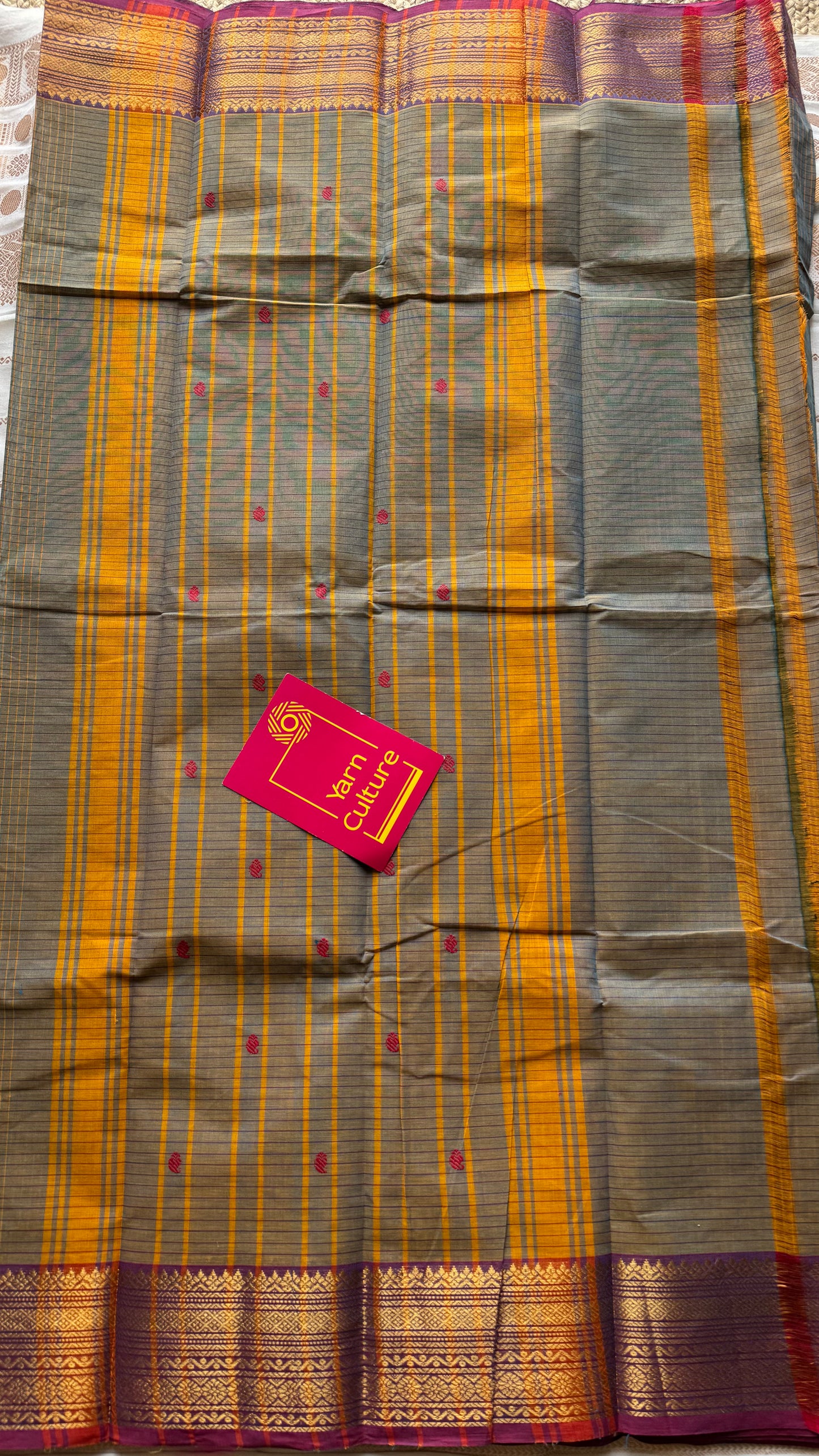 Grey and magenta purple contrast, checkered Chettinad cotton saree - YCCOTNMA263