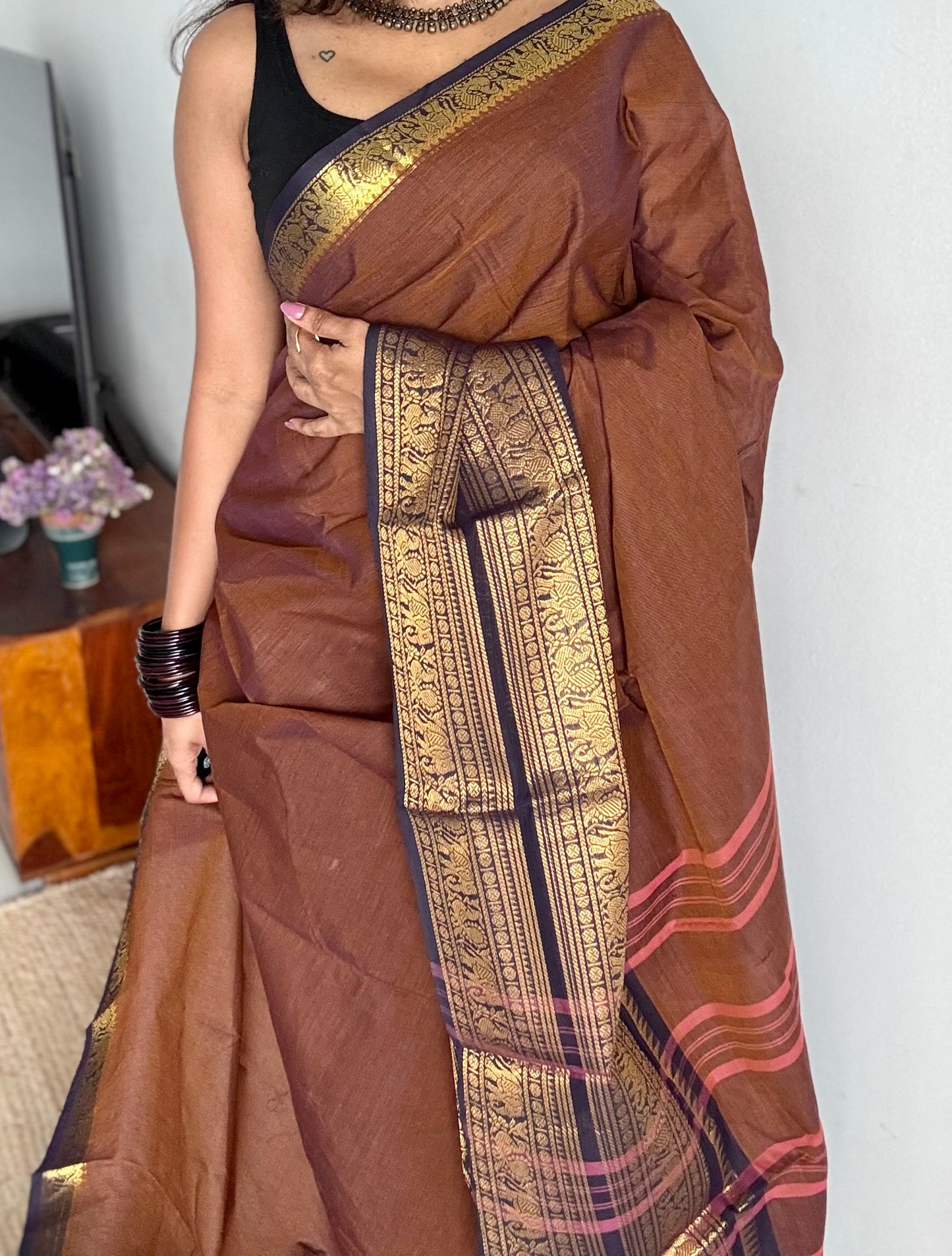 Brown with dark blue contrast, wide zari border, kanchi cotton - YCCOTNKCJA211