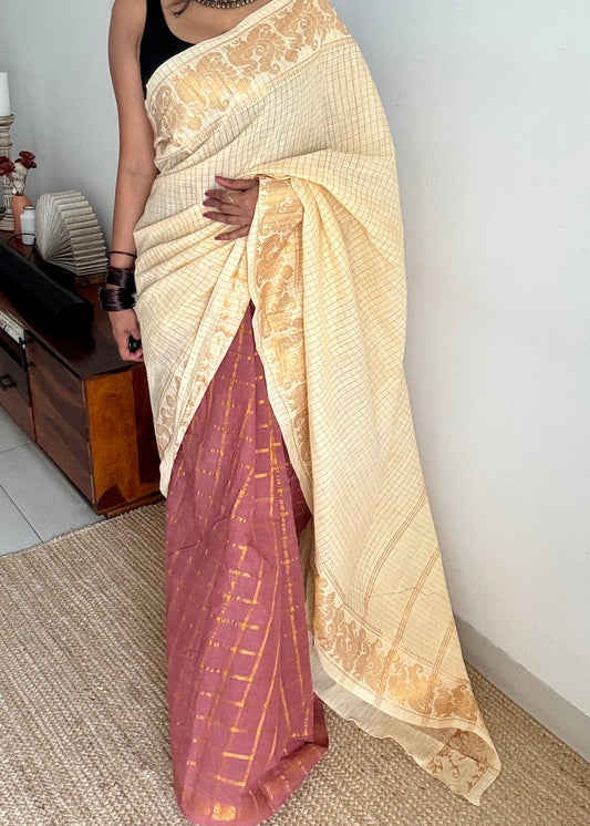 Ivory and mauve, sungudi cotton half-half saree - YCCOTNIDMA301