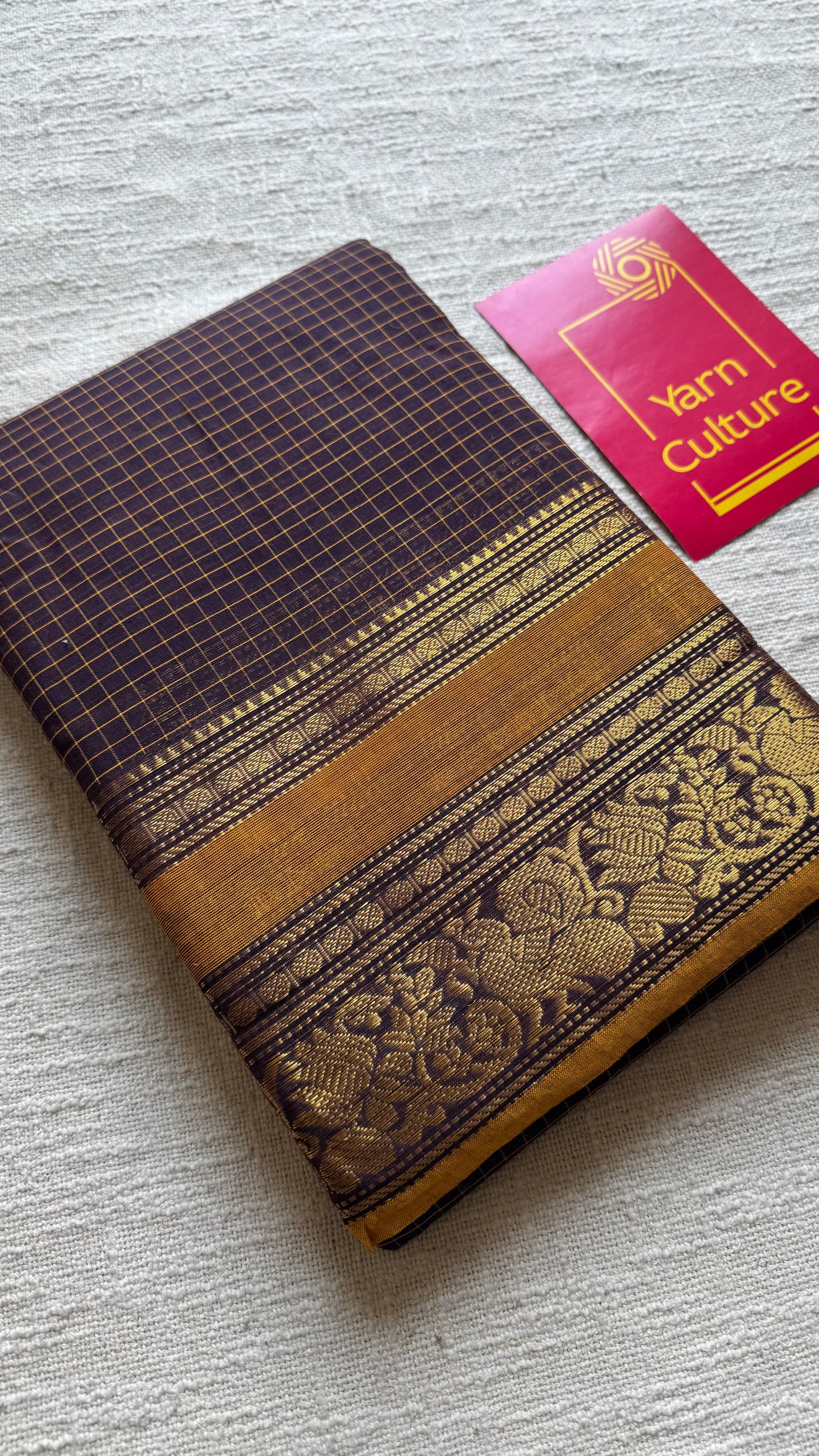 Kanchi cotton saree, dark brown checks with korvai border - YCCOTNAP73