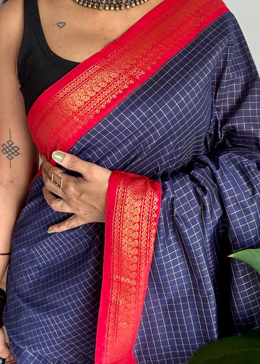 Dark blue with red, zari checkered saree, cotton silk - YCCOTNKCOC103