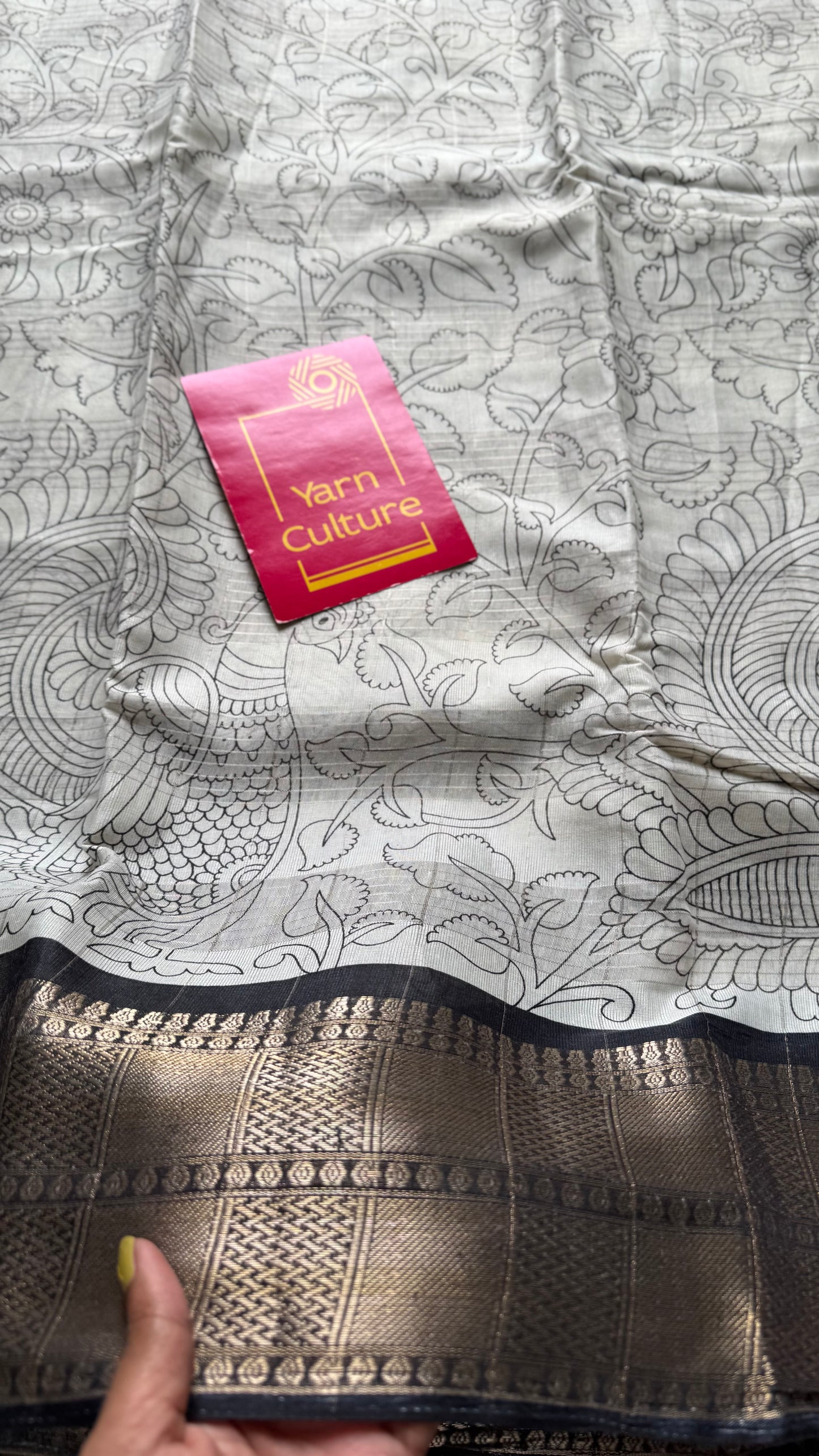 Off white and black, printed kalamkari, semi-tussar - YCWOTDSTK07