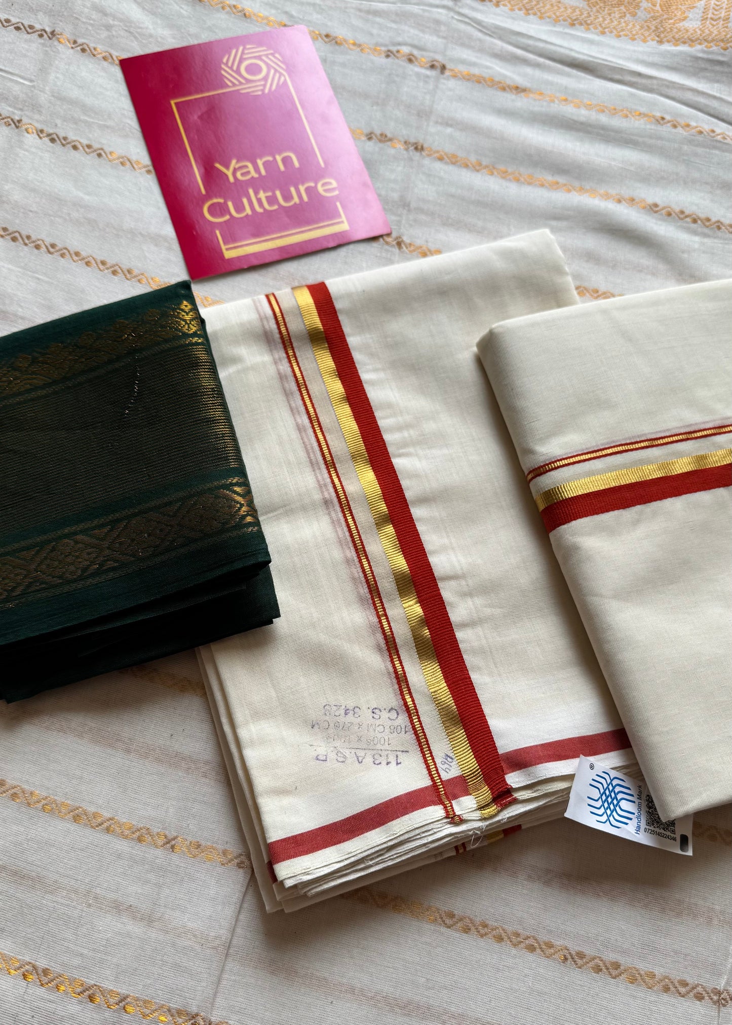 Set mund, handwoven from Chendamangalam looms, rust orange and gold - YCIEON143