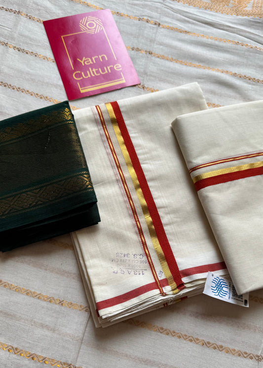 Set mund, handwoven from Chendamangalam looms, rust orange and gold - YCIEON143