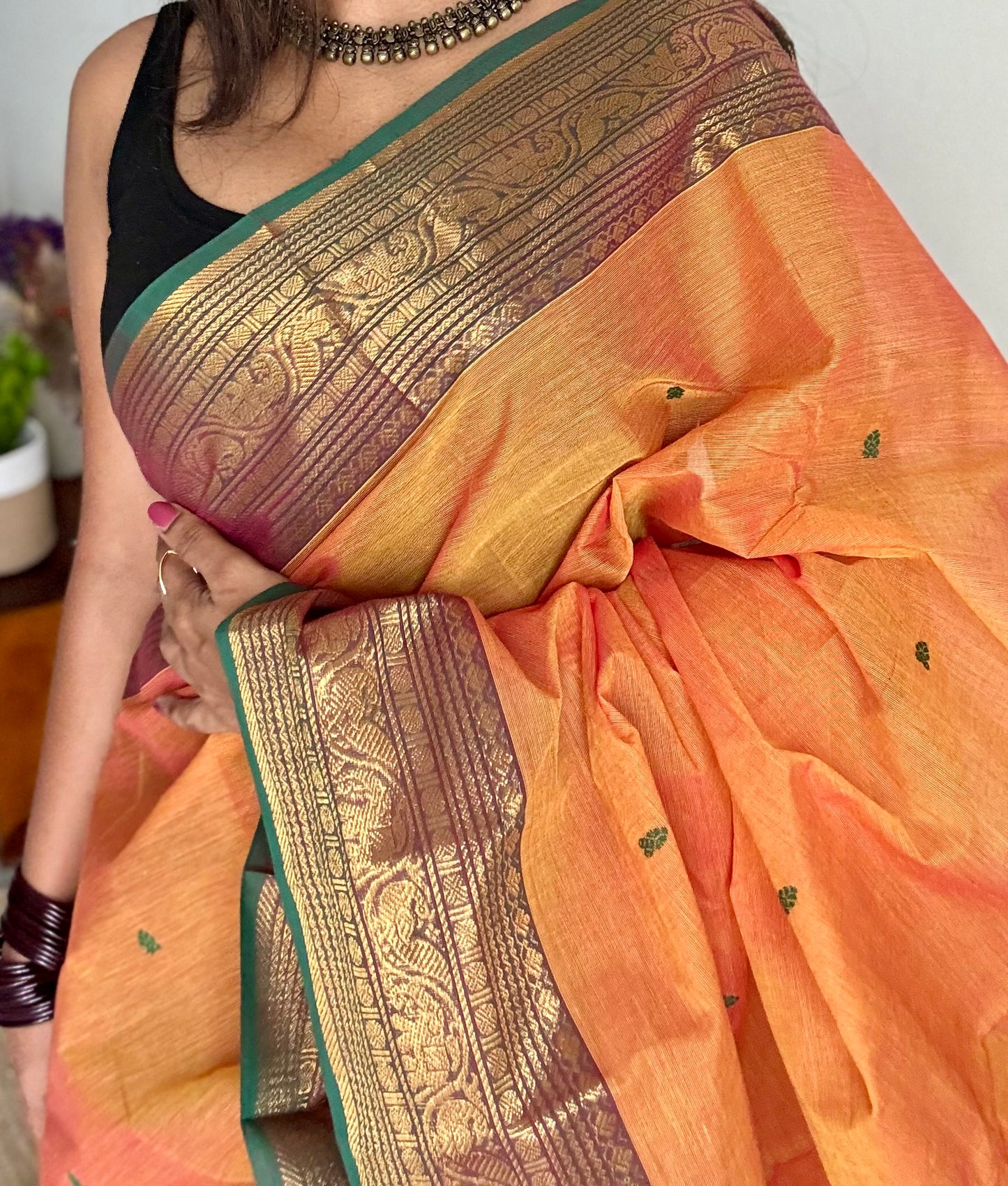 Kanchi cotton saree, light orange with green zari border - YCCOTNAP80
