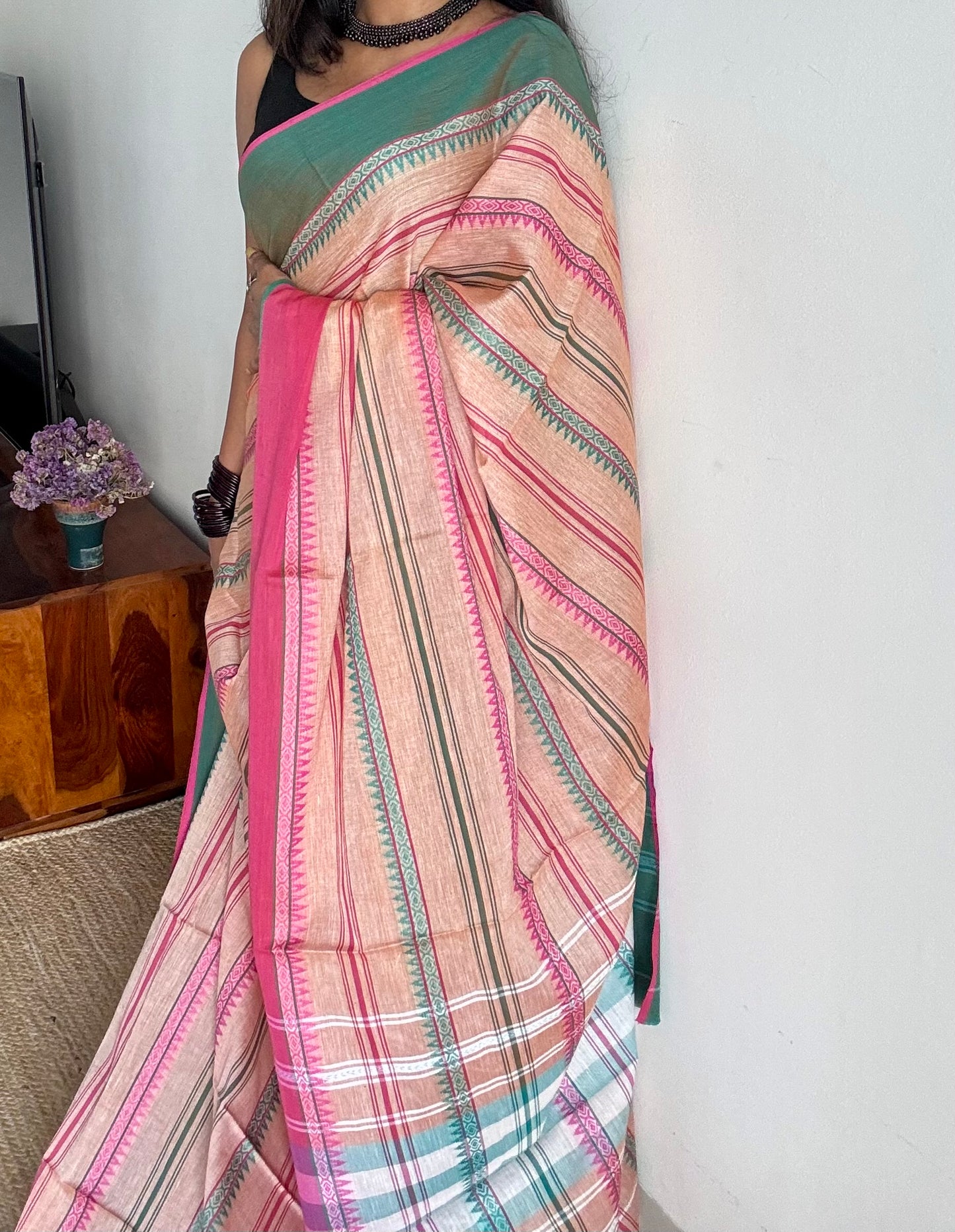 Dhonekhali handloom soft cotton saree, salmon pink with bright pink and dark turquoise woven stripes - YCBCDFE266
