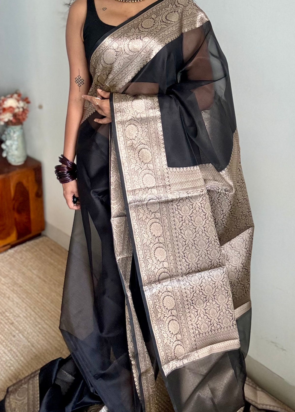 Black tissue Banarasi saree with zari border - YCBLTOC88