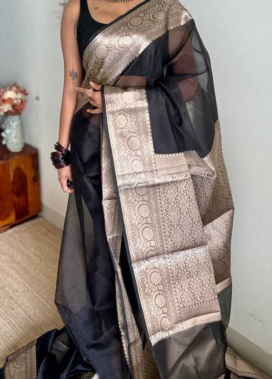 Black tissue Banarasi saree with zari border - YCBLTOC88