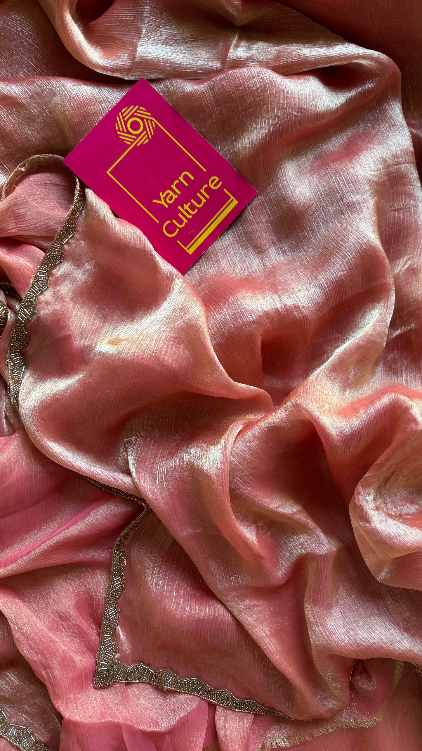Peach Affair - peach pink hues, metallic dual tone space silk, embellished border - YCDOSDE60