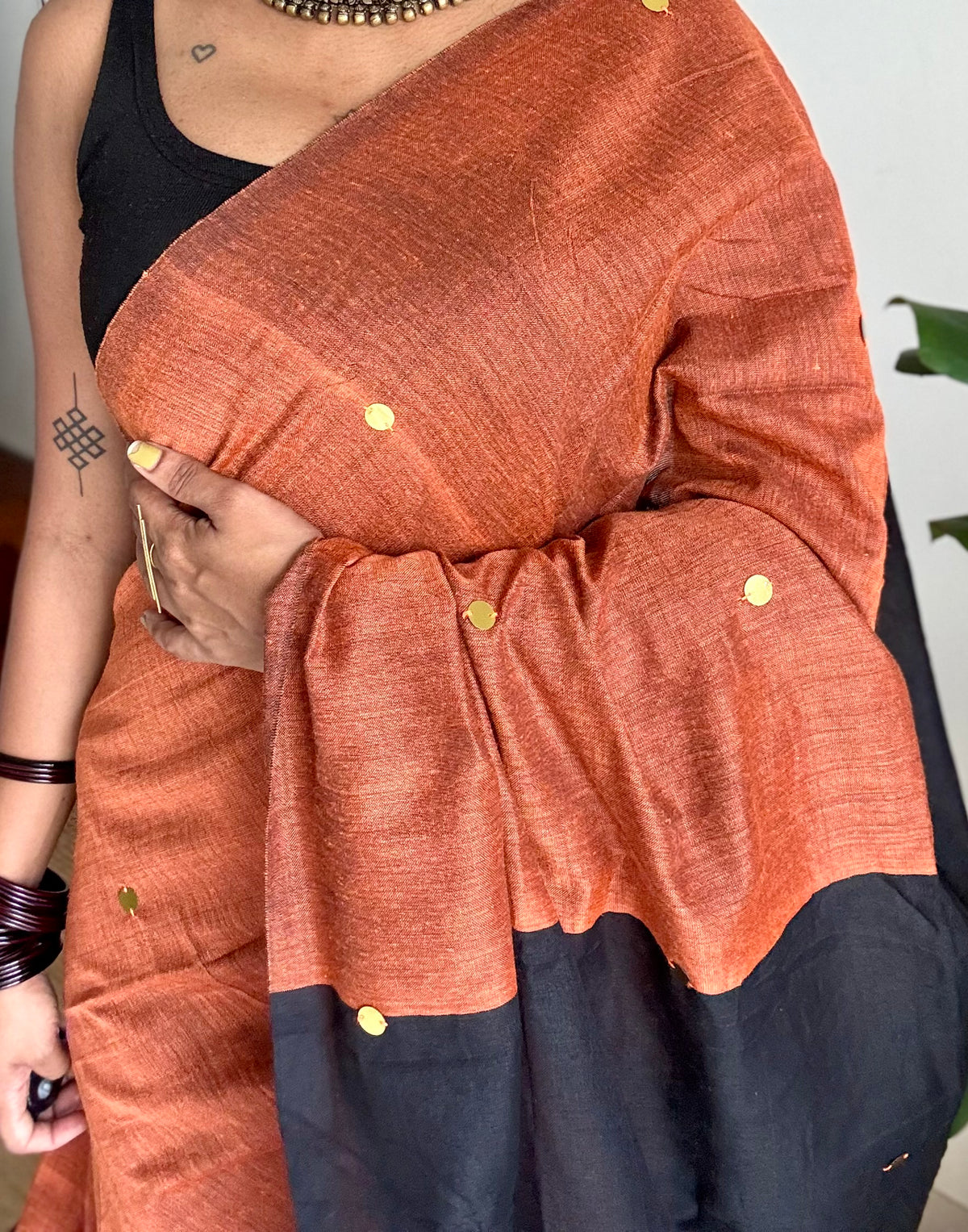 Orange with black contrast pallu, gini sequins, soft cotton saree - YCBCSCOC04