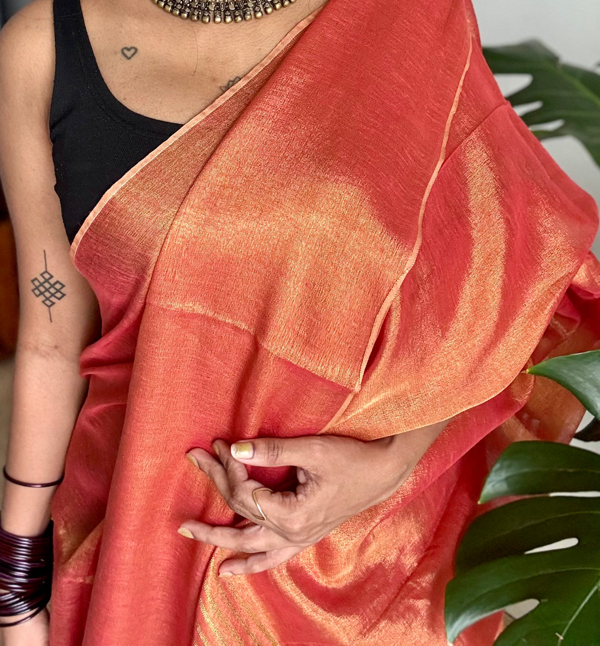 Orange with gold, dual tone metallic tissue linen saree - YCBCLTOC58