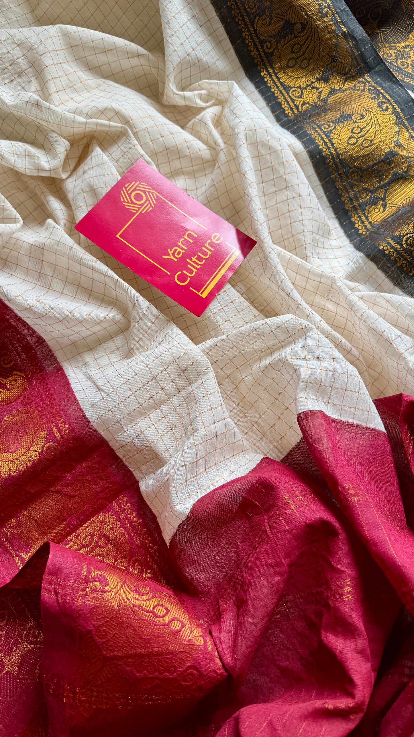 Ayesha : Chembarathi - Sungudi checks, ivory gold base, black and maroon dual tone border, soft cotton - YCIEON162