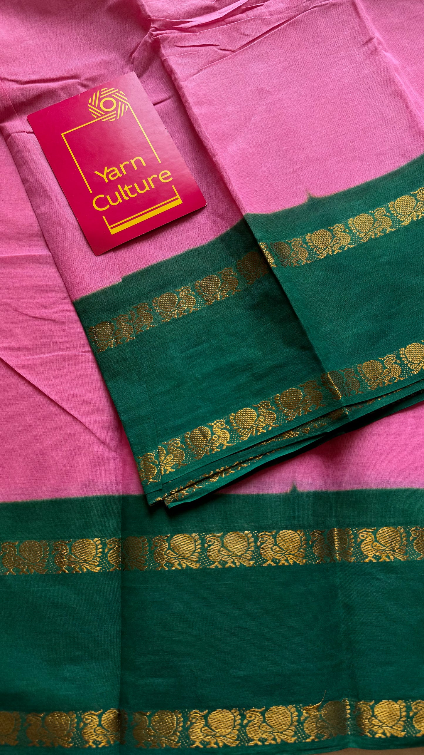 Pink with bluish green rettaipettu peacock double border, madurai soft cotton - YCCOTNMSAP203