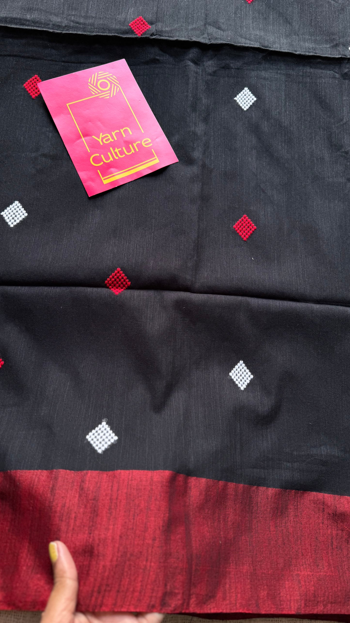Black with red, soft khadi cotton with woven motifs - YCBCKCDE25