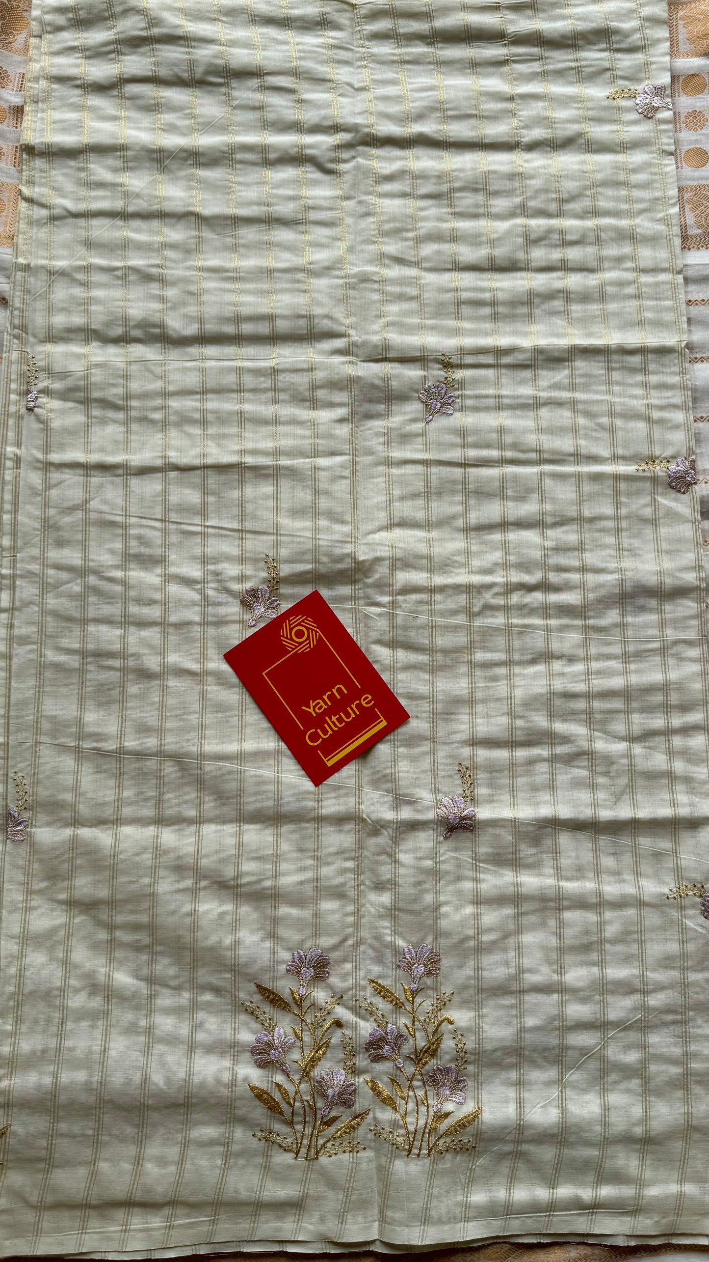 Ivory and gold soft cotton saree, lavender floral embroidery  - YCIEON53