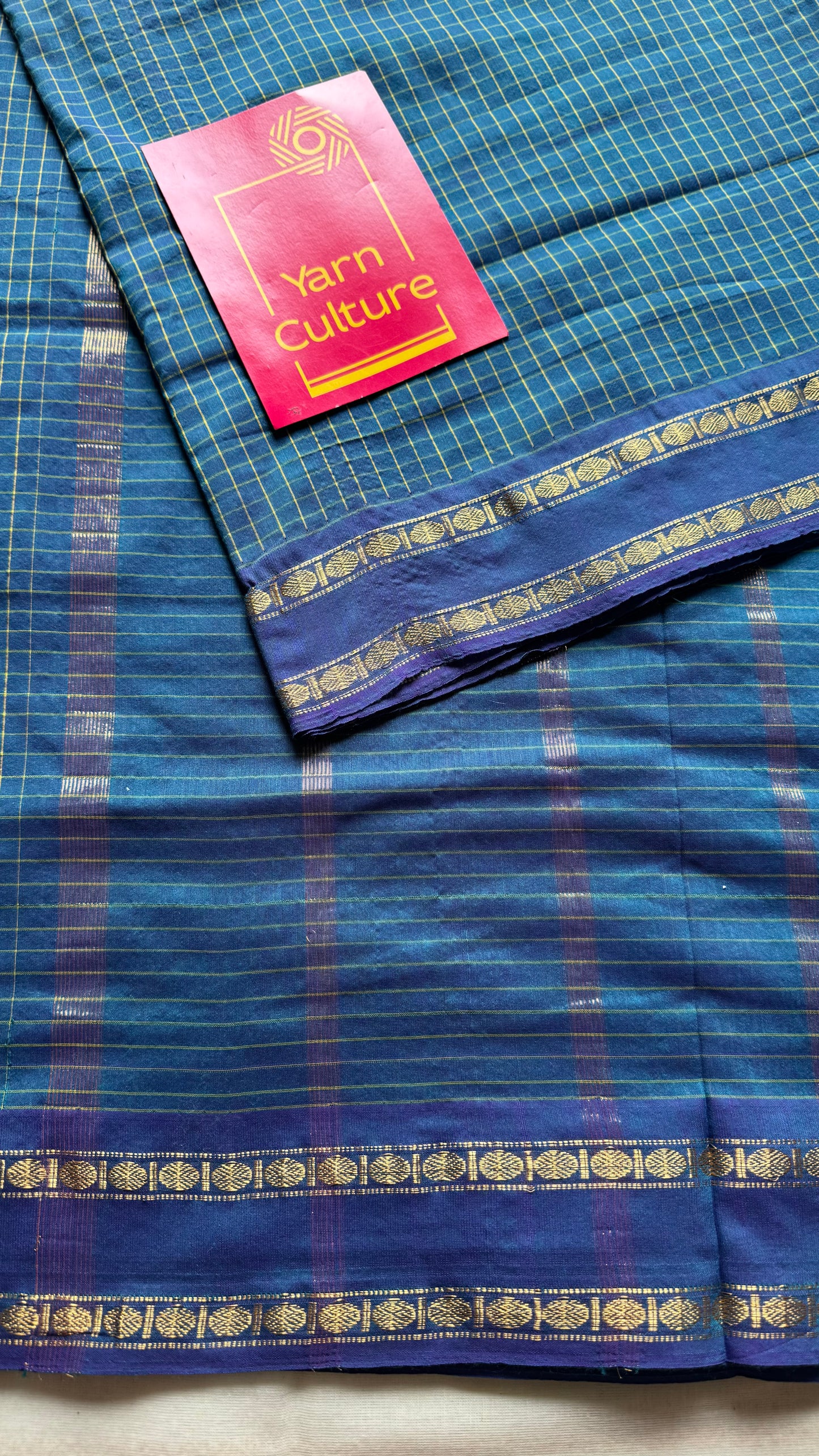Peacock blue, arani checks saree, cotton silk - YCCOTNAUG21