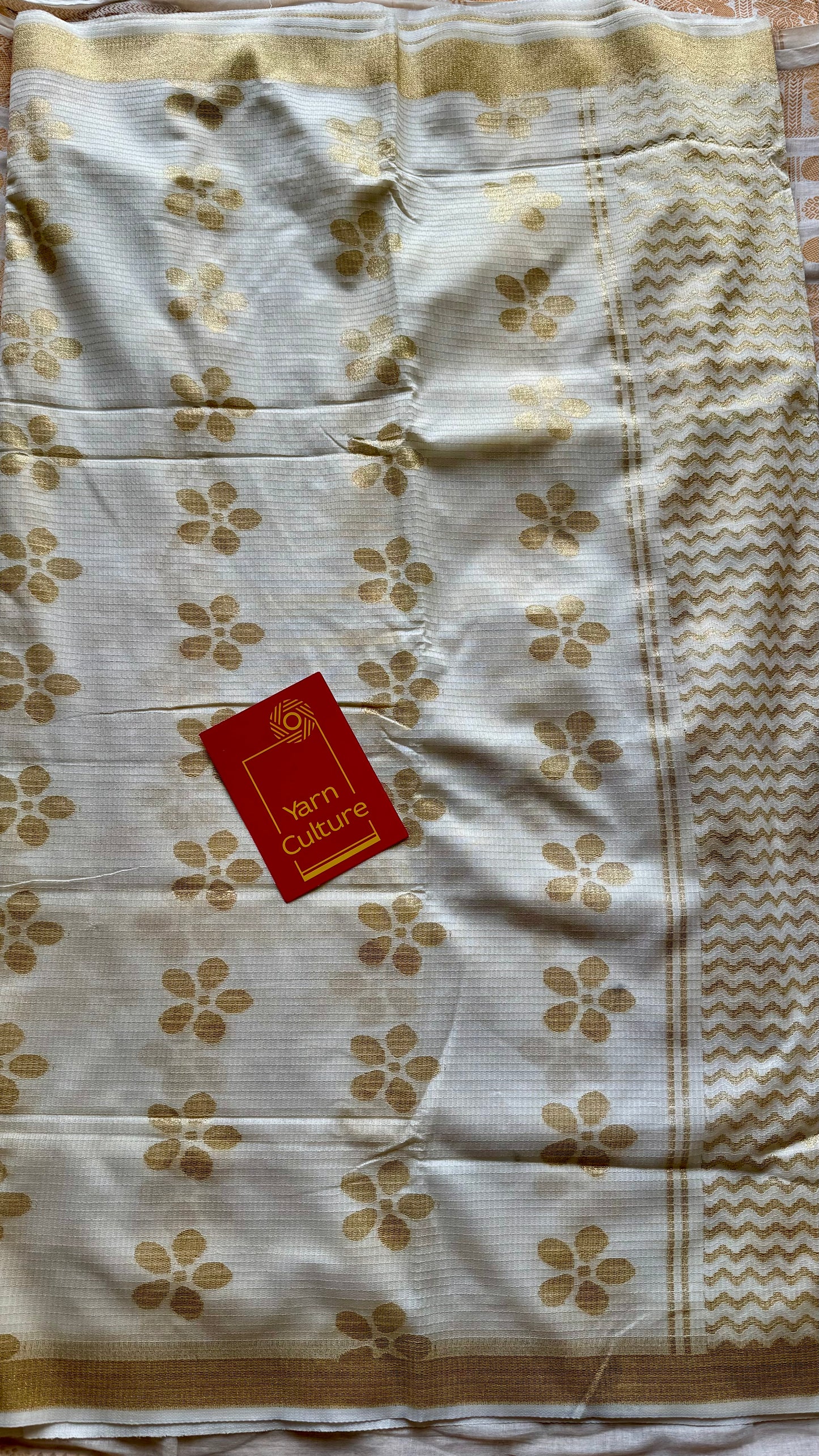 Ivory and gold soft net cotton saree, gold floral prints - YCIEON64