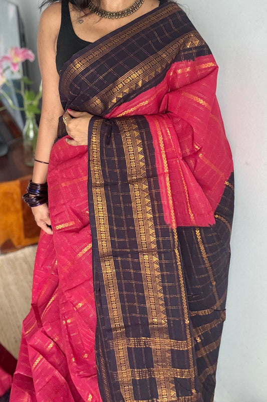 Pinkish red with dark blue, Adayar checks with velthaari pattern, madurai cotton - YCCOTNOCSC05