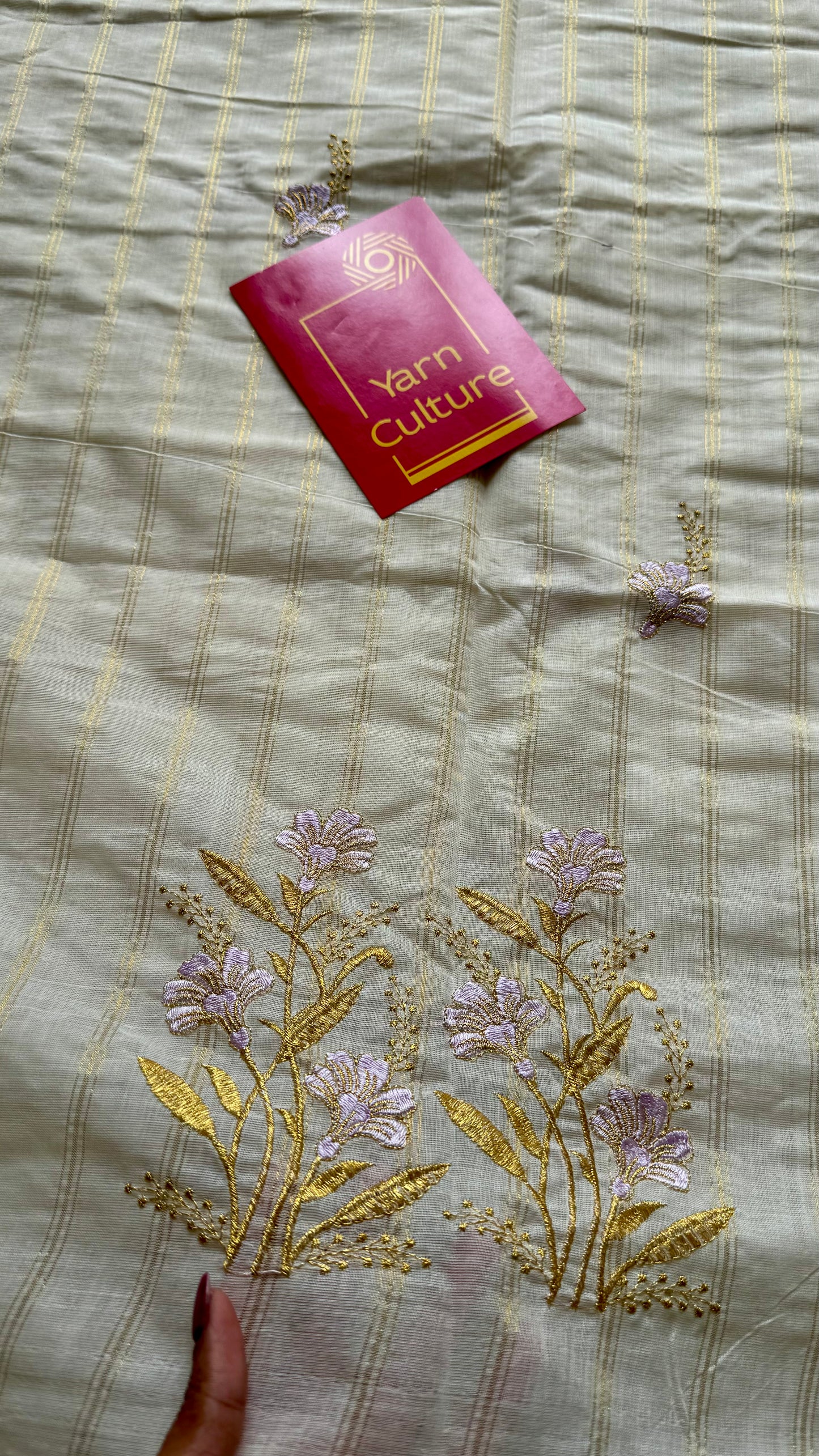 Ivory and gold soft cotton saree, lavender floral embroidery  - YCIEON53