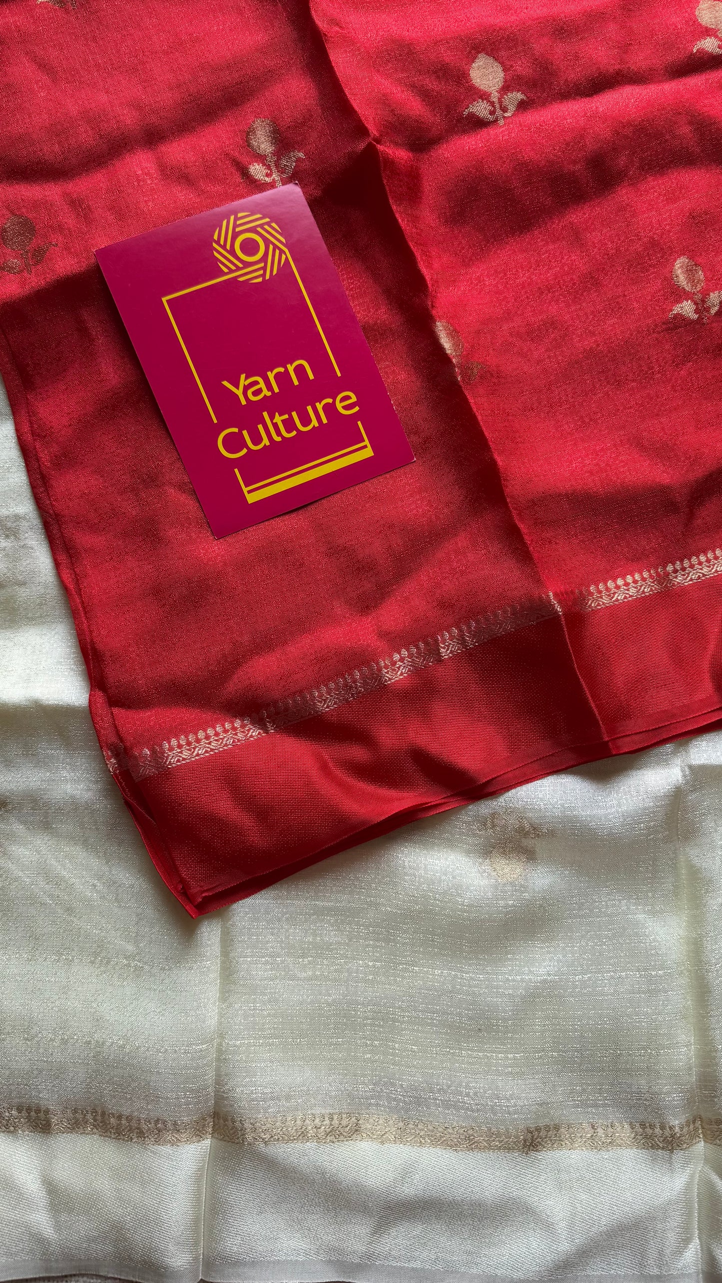 White red dual tone in viscose soft silk with satin border, jacquard zari motifs - YCDOSFE197