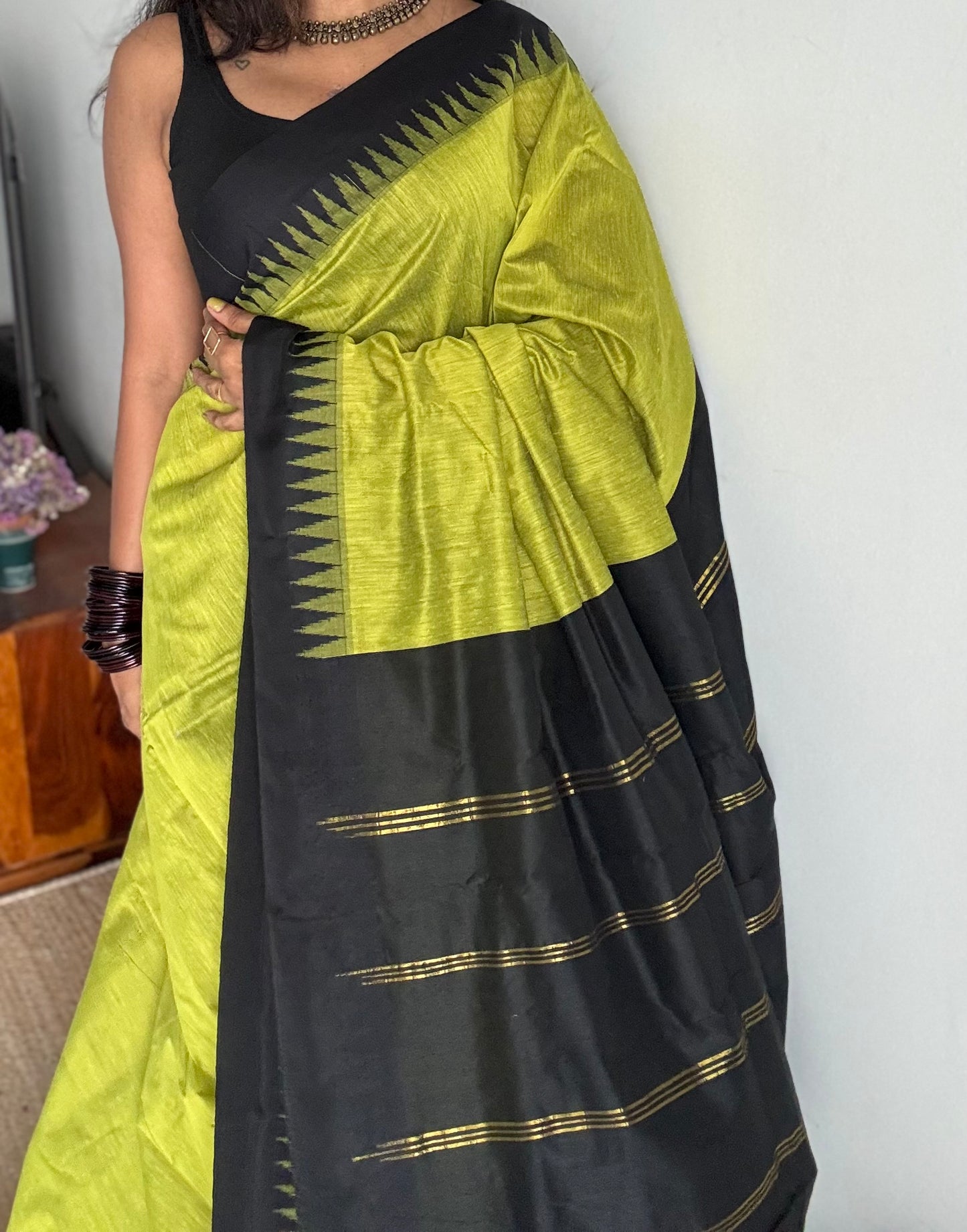 Lime green with black contrast, temple border saree, cotton silk - YCCOTNTBFE60