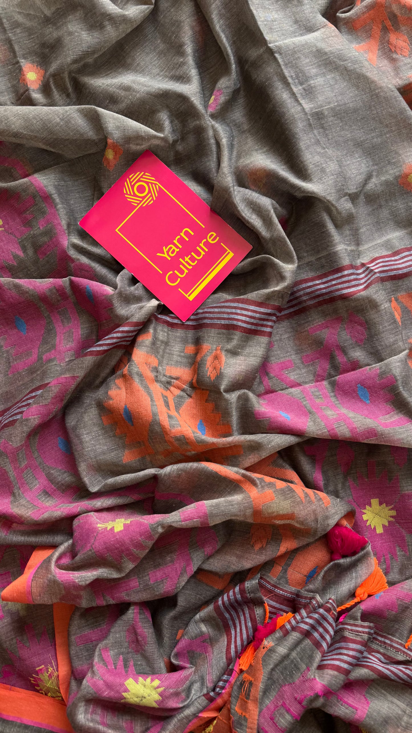 Grey with pink and orange jamdani saree in mul cotton - YCBCJDFE381