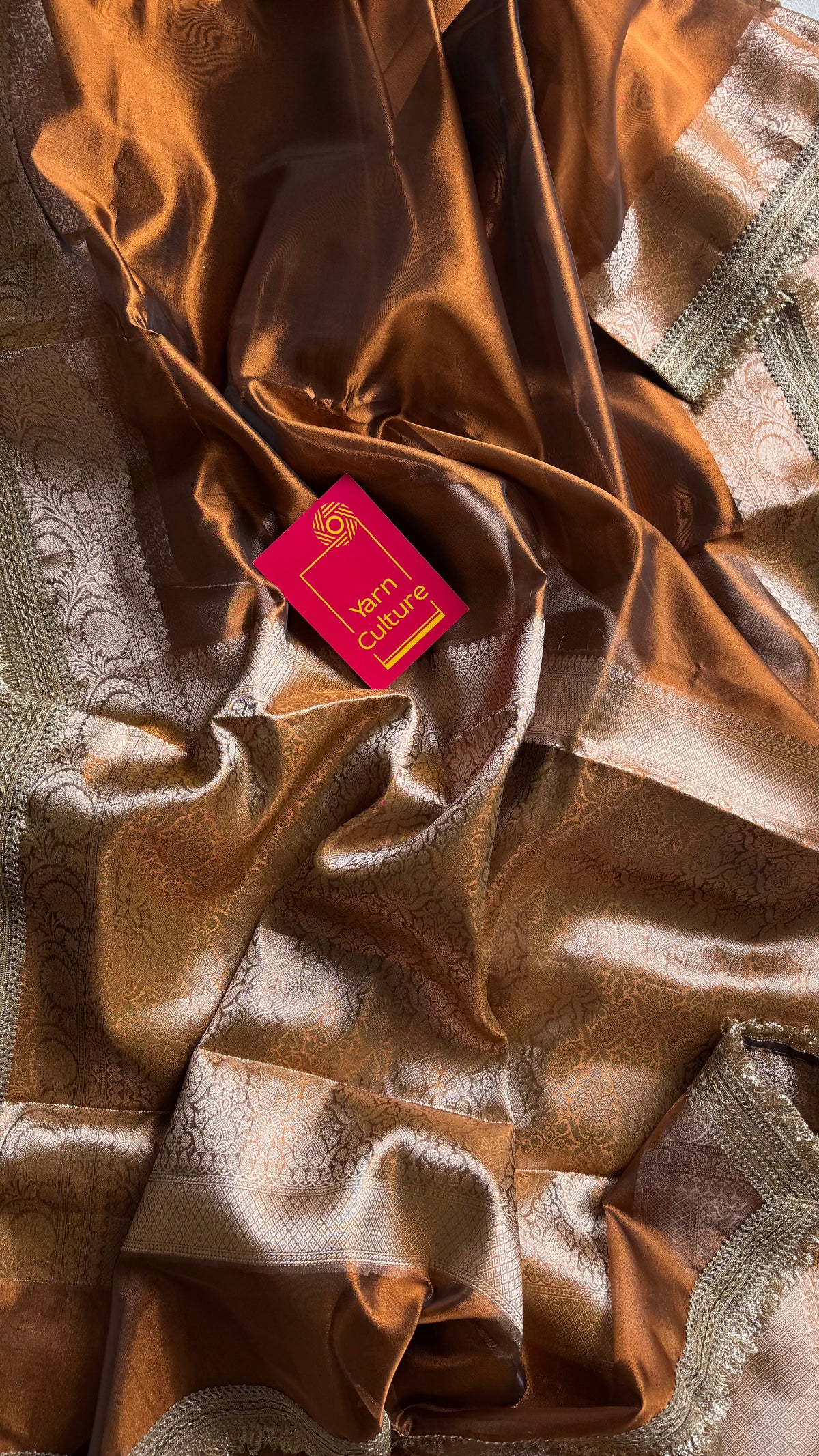Brown tissue Banarasi saree with embellished gold lace border - YCBLTOC80