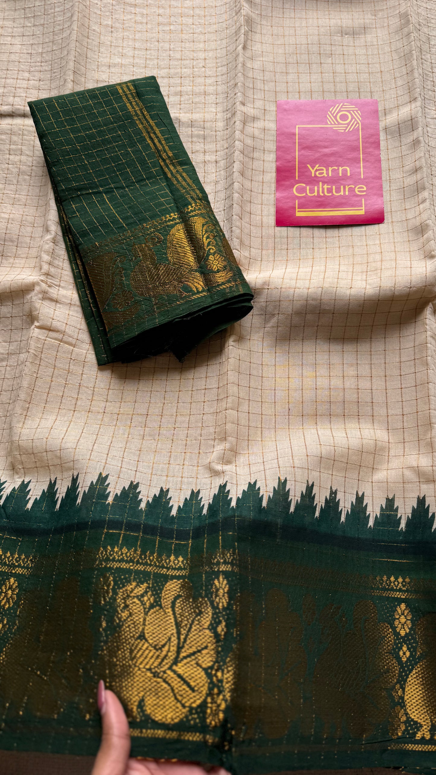 Sungudi cotton checks, ivory gold base, magenta and dark green dual tone border, soft cotton - YCCOTNMSJUL07