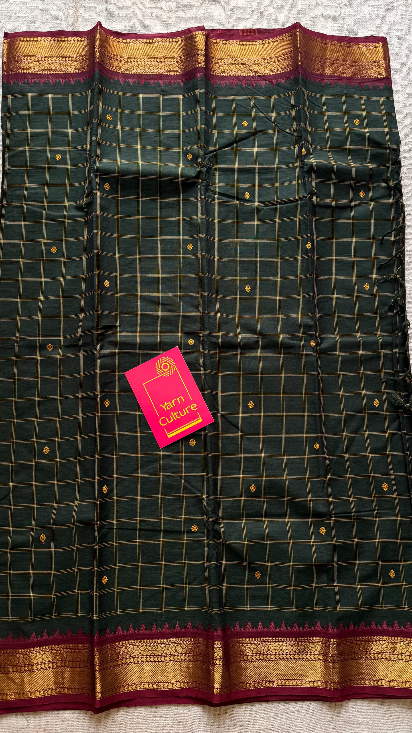 Dark green Kanchi cotton saree with striped checks, woven buttas and maroon zari border - YCCOTNCCFE159