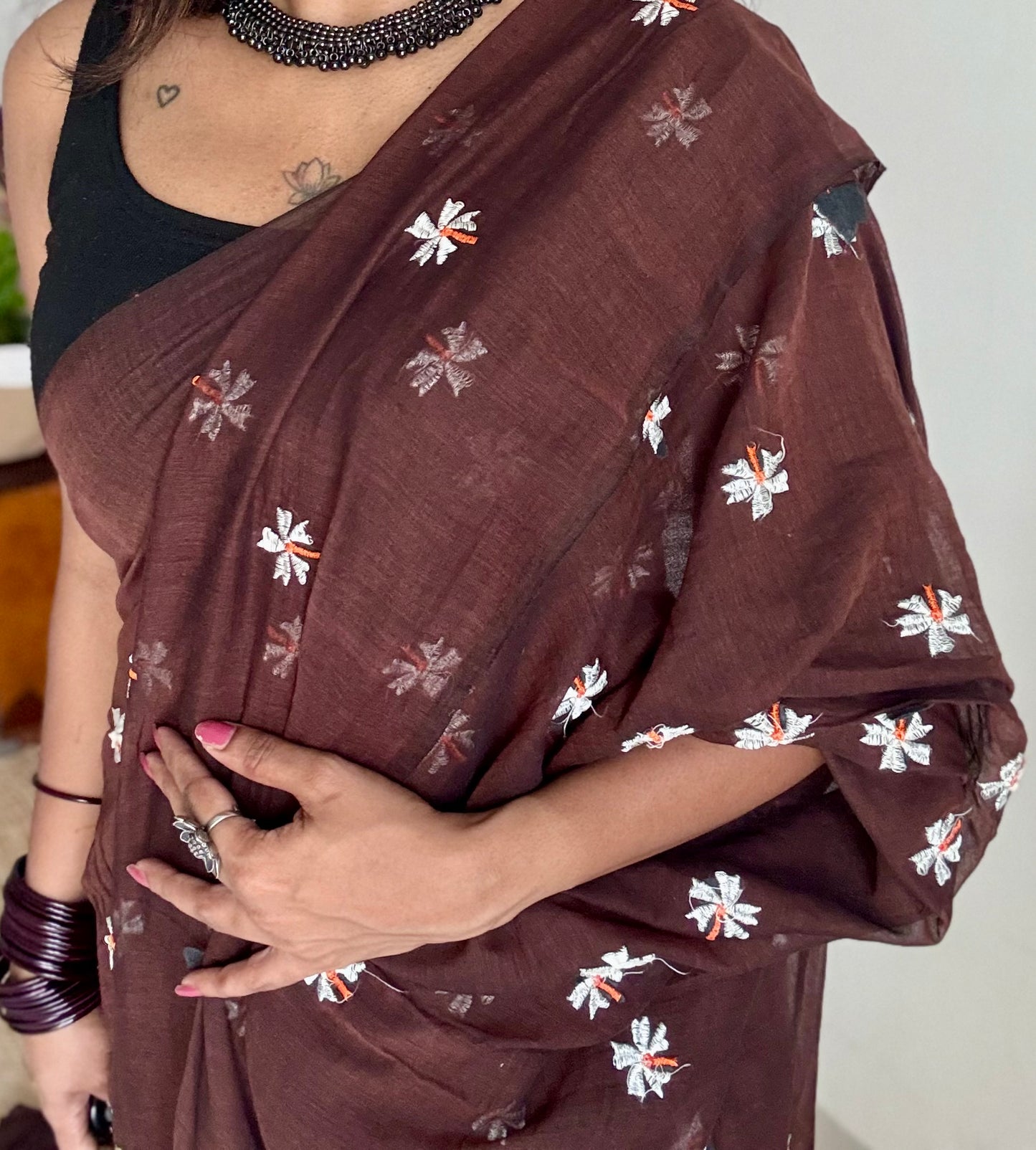 Brown parijat mul cotton saree  - YCBCMCAP34