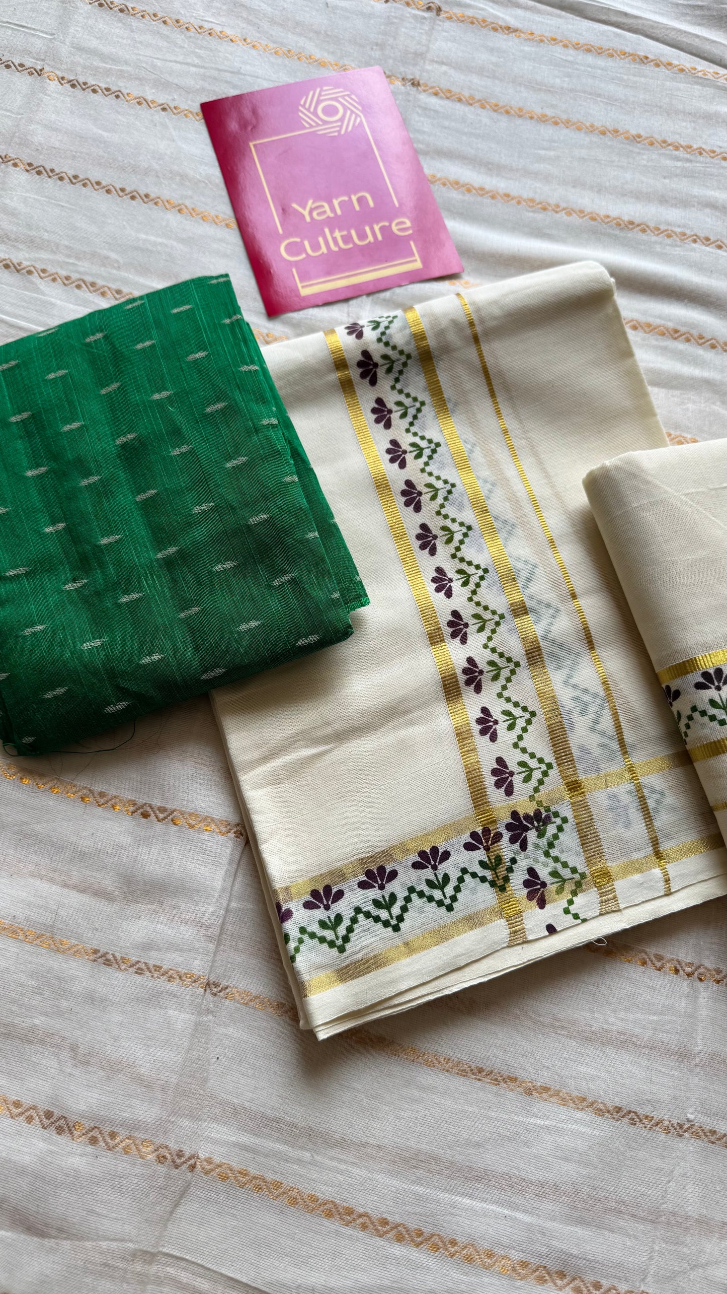 Set mund, purple and green flowers, gold kasavu gap border - YCIEON106