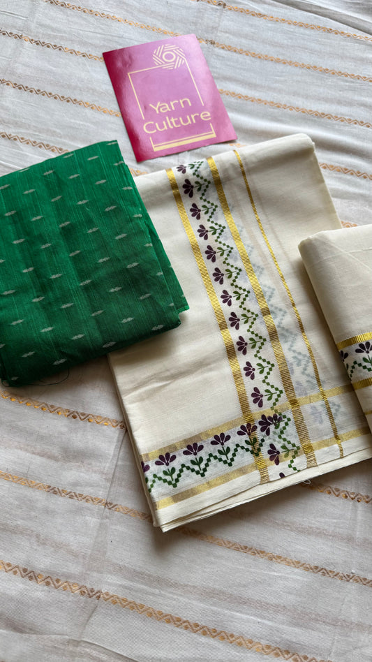 Set mund, purple and green flowers, gold kasavu gap border - YCIEON106