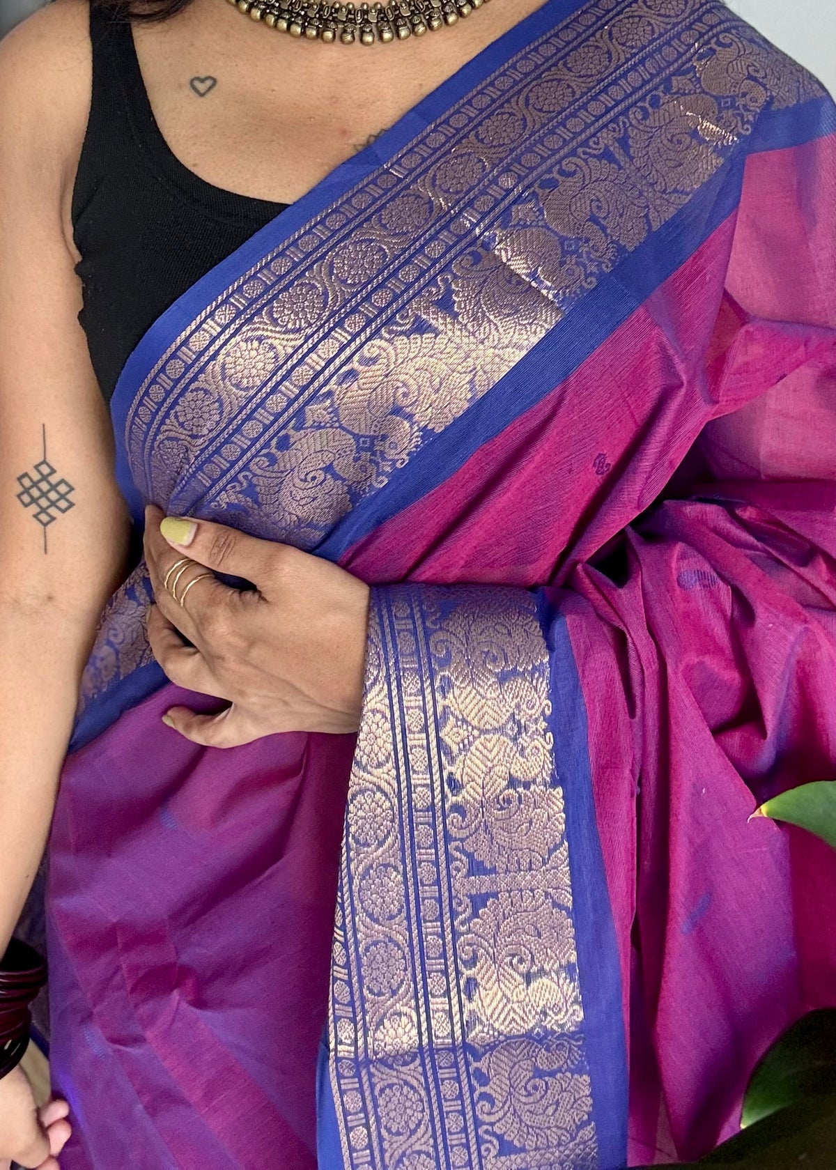 Purple pink with royal blue zari border chettinad cotton saree - YCCOTNCKSE15