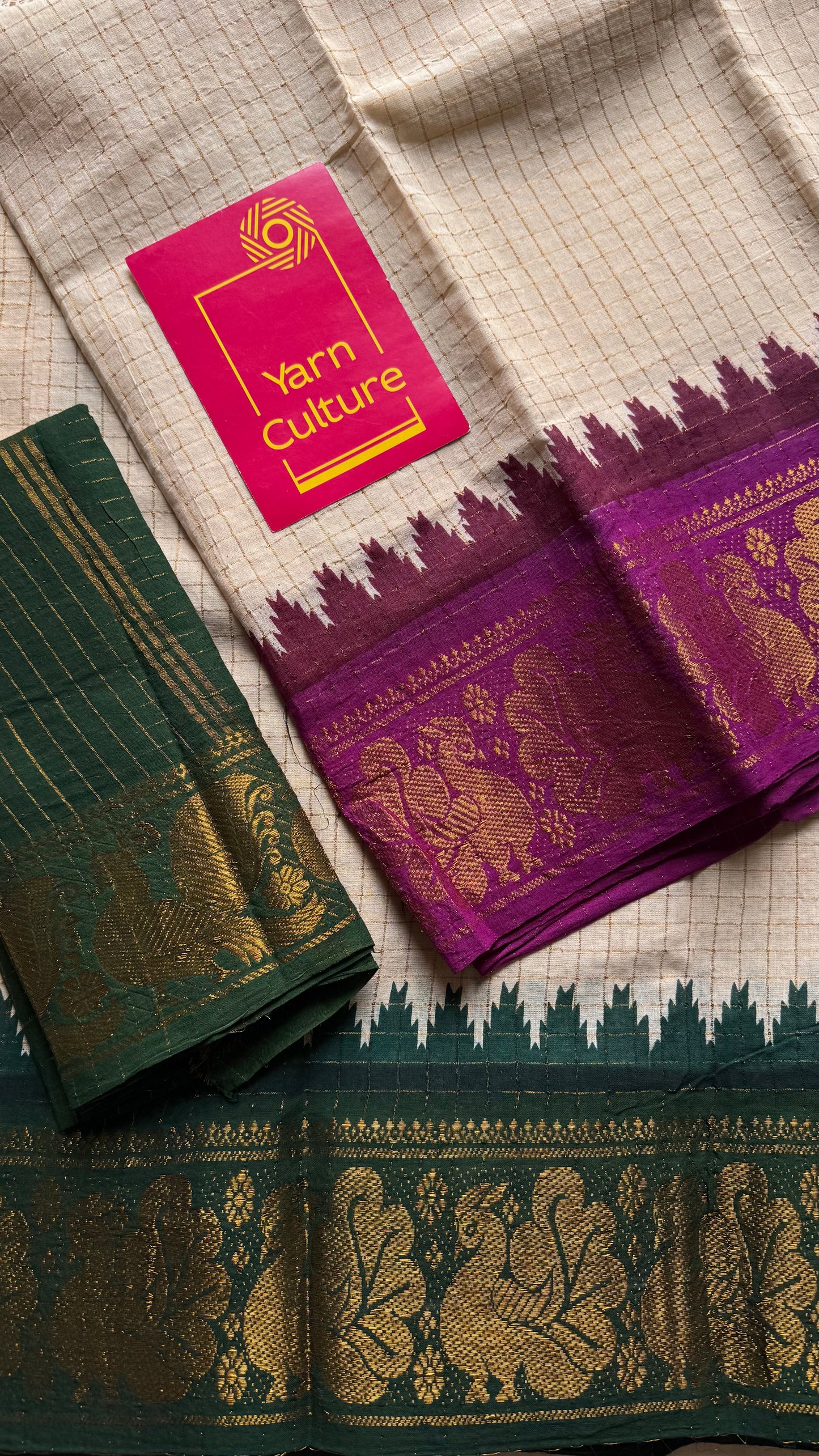 Sungudi cotton checks, ivory gold base, magenta and dark green dual tone border, soft cotton - YCCOTNMSJUL07