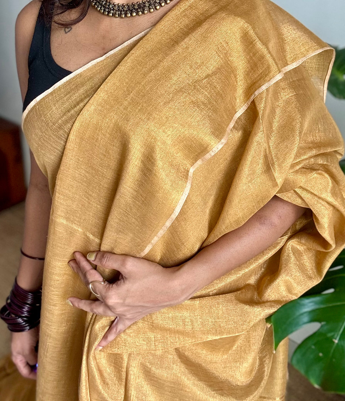 Plain gold, dual tone metallic tissue linen saree - YCBCLTOC60