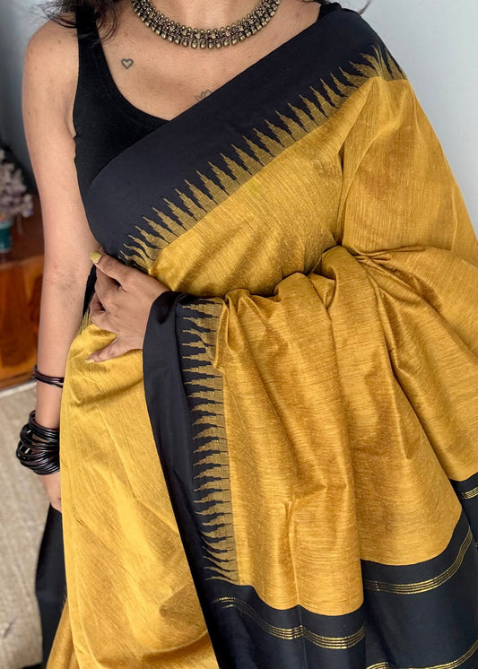 Yellow with black temple border - cotton silk - YCCOTNOCKCS1