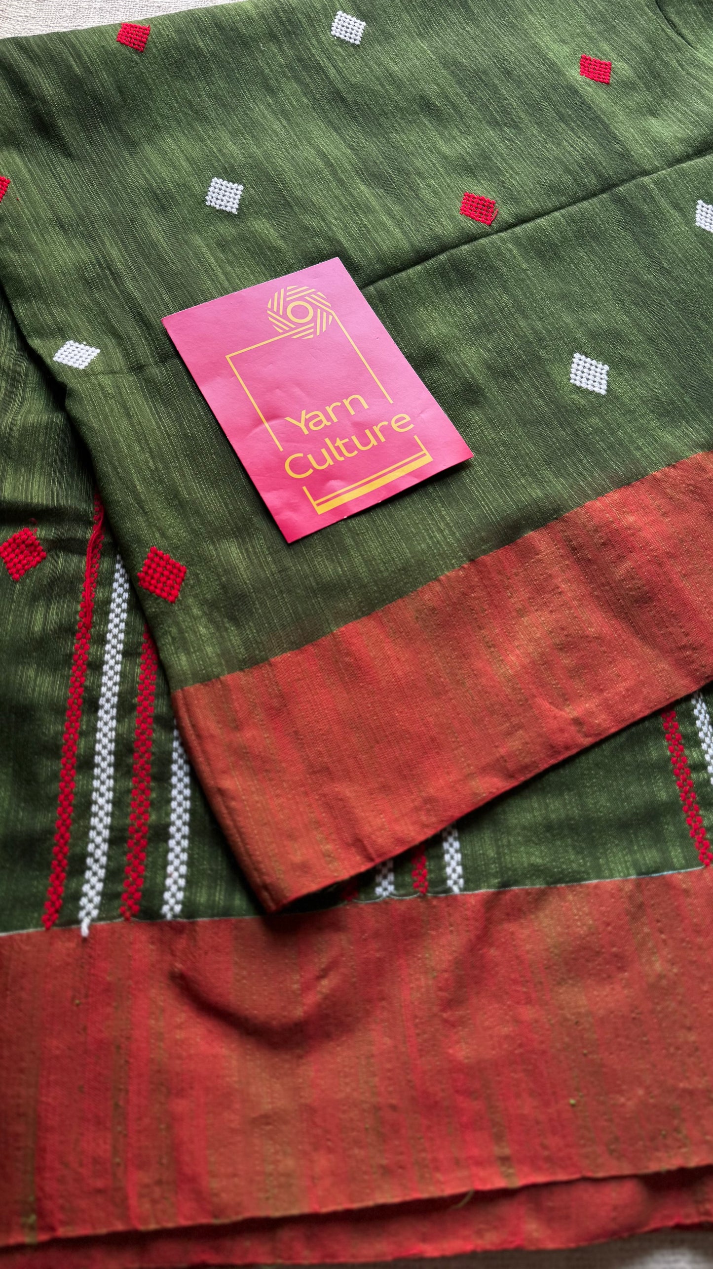 Green with burnt orange, soft cotton with woven motifs - YCBCKCDE26