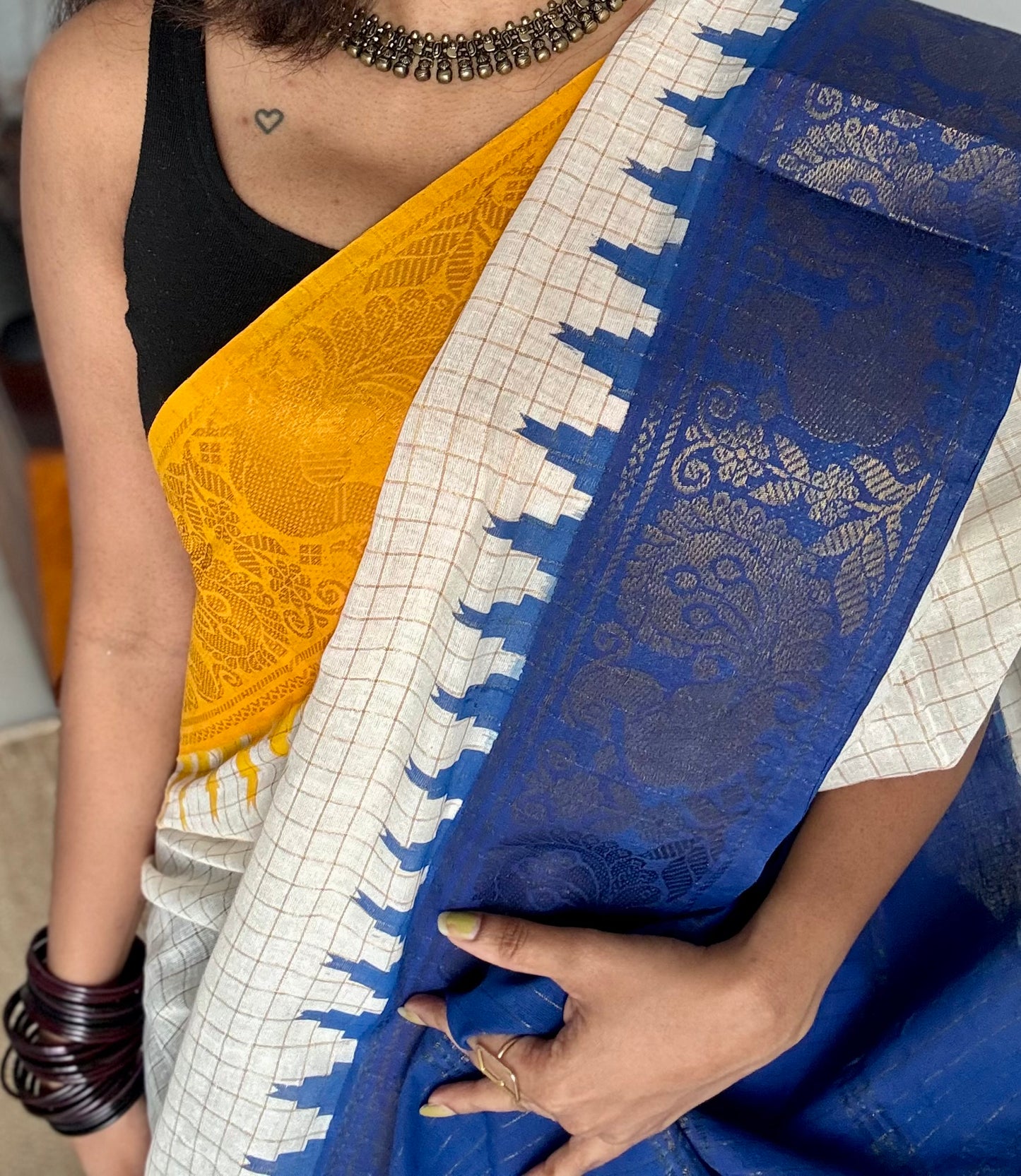 Sungudi cotton checks, ivory gold base, yellow and blue border, soft cotton - YCCOTNGJJA166