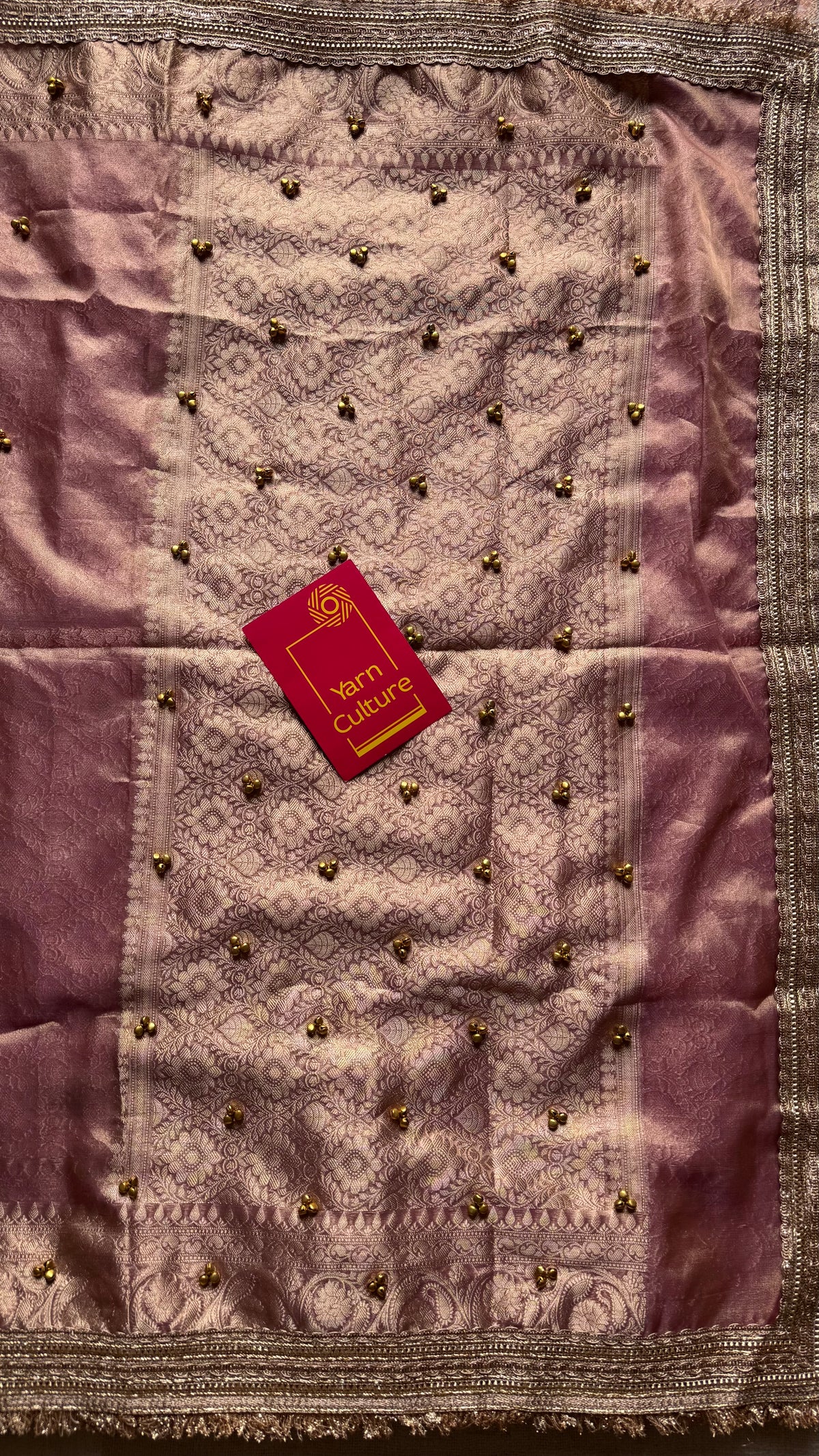Pink gold tissue Banarasi saree with ghungroo embellishments and zari border - YCBLTOC71