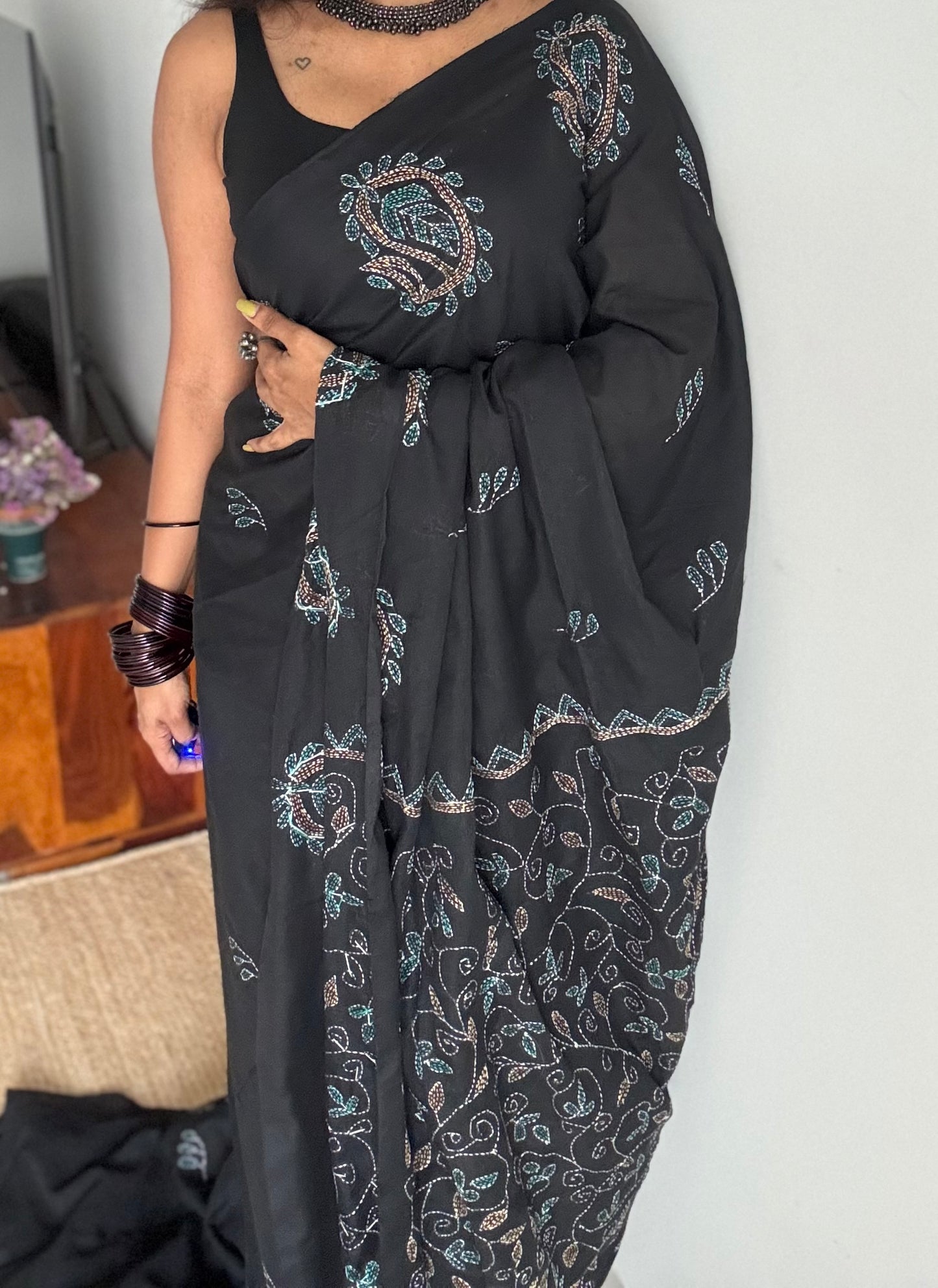 Embroidered black kantha weave in soft cotton - YCBCKKJA146