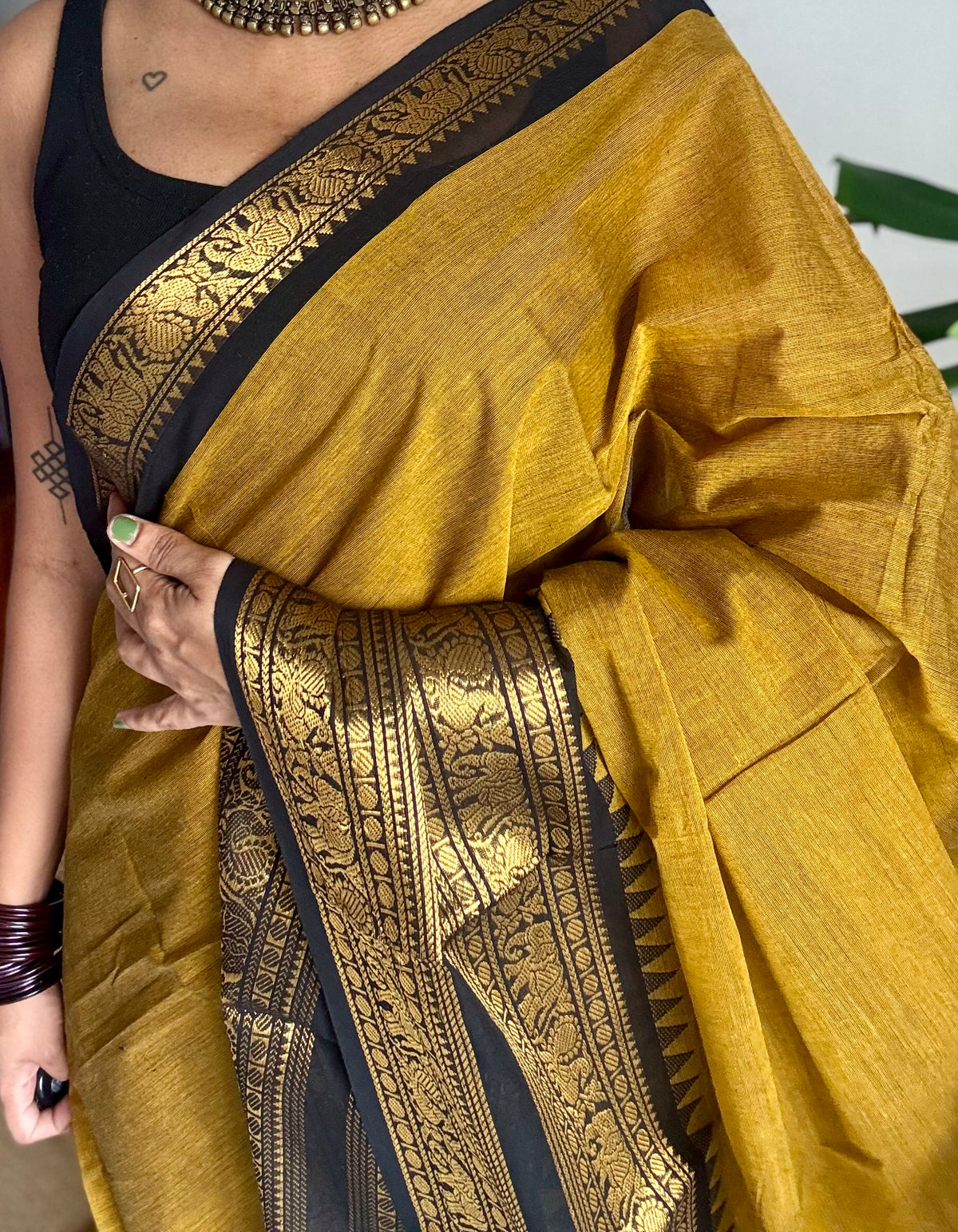 Ginger yellow with black long zari border, kanchi cotton saree - YCCOTNCCOC114