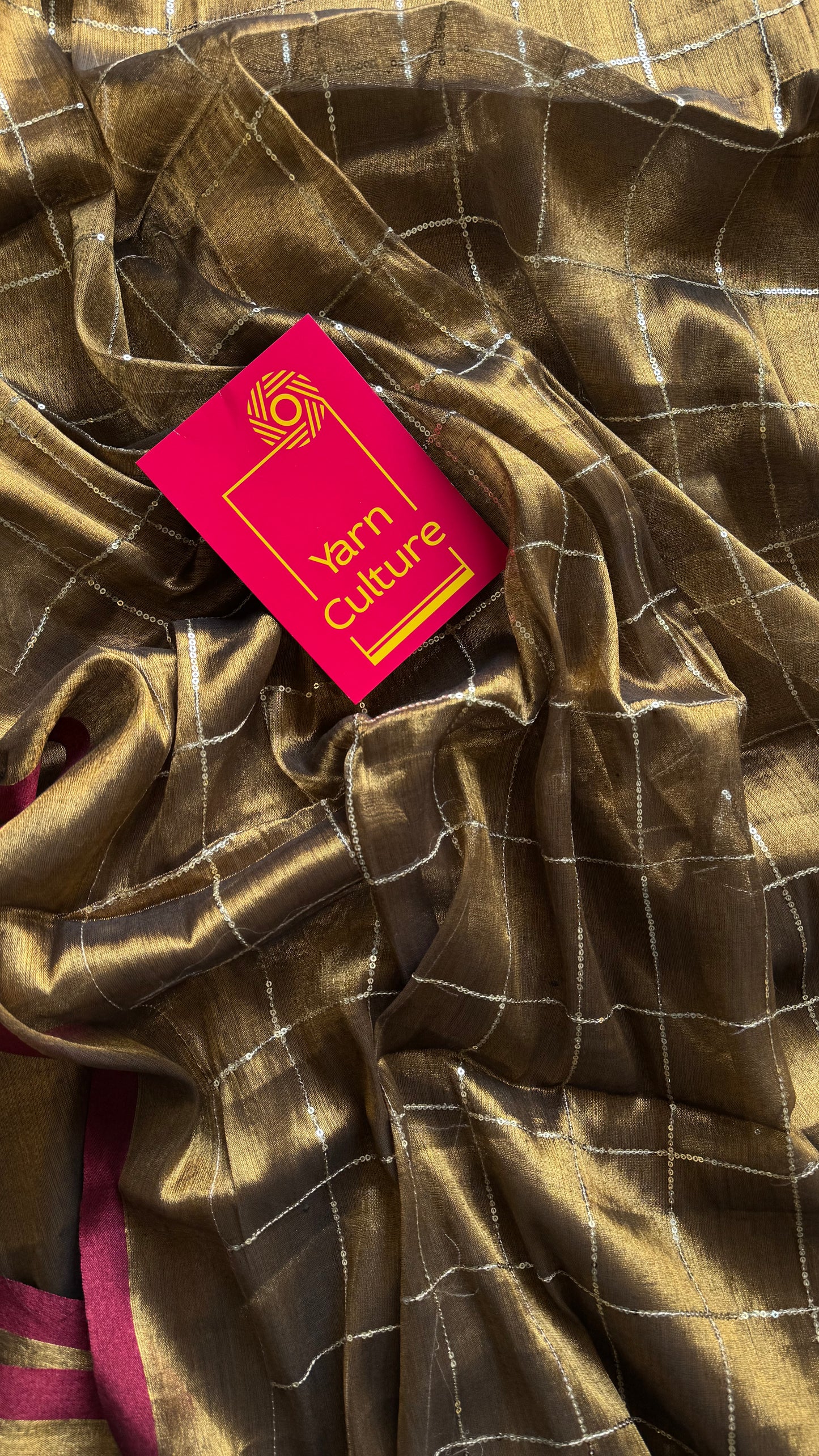 Bronze with maroon border, checkered sequins work, mul tissue - YCBCMCJA12