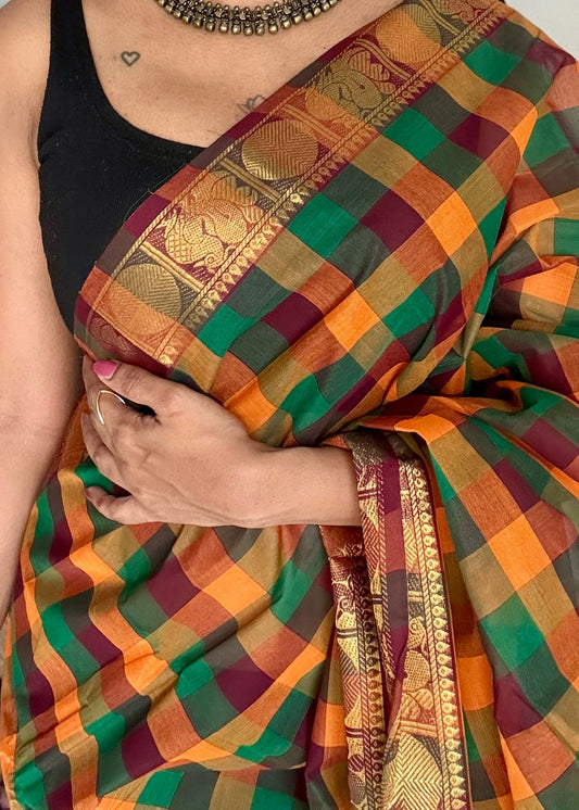 Multicolour Chettinad cotton saree with paalum pazhamum checks (green, dark green, brown, orange, yellow) - YCCOTNAP65